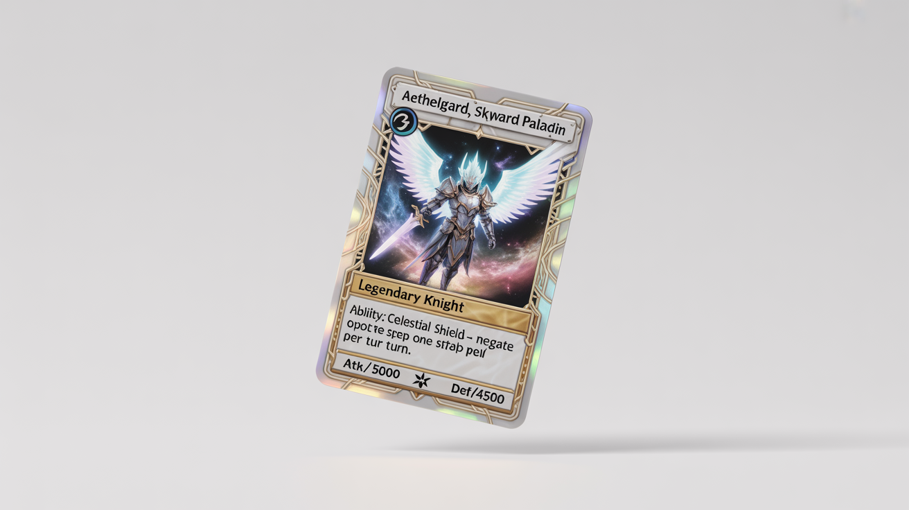 A fantasy trading card game card for a legendary knight character named 'Aethelgard, Skyward Paladin', shown as a product mockup on a white background.