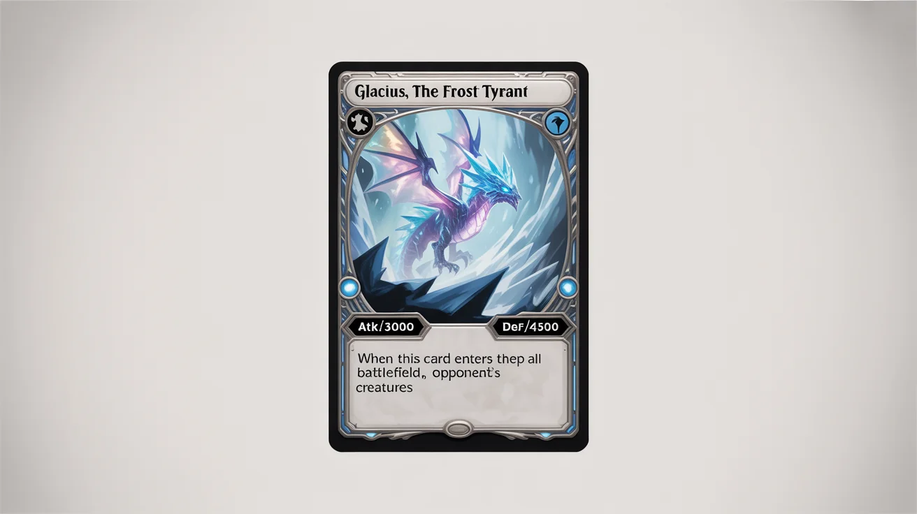 A fantasy trading card game card mockup named 'Glacius, the Frost Tyrant'. The card features artwork of a crystal dragon and has stats for attack and defense, set against a clean white background.
