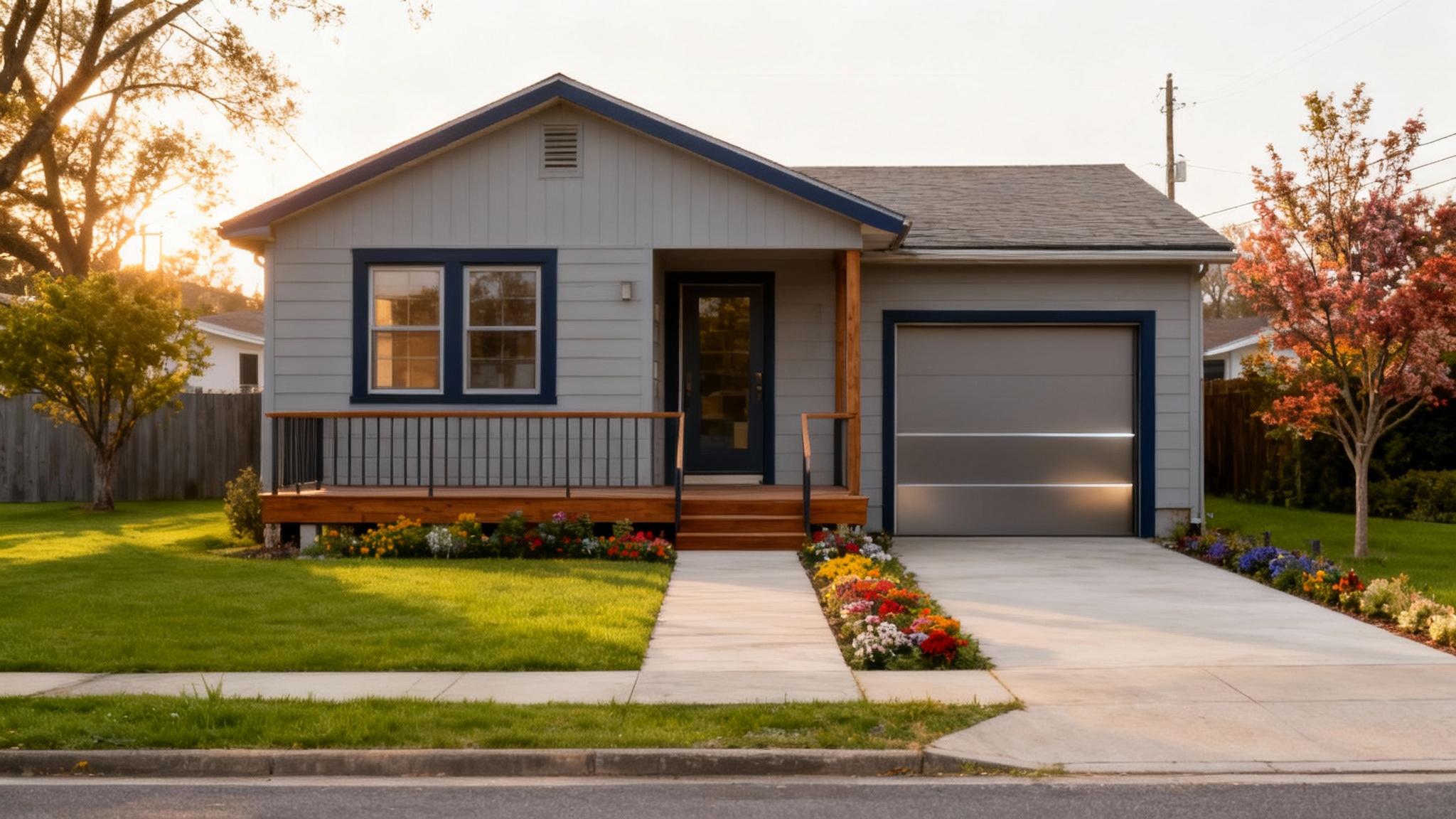 The final result of a modern exterior makeover on a ranch-style house, showing new gray siding, navy blue accents, a wooden porch, and pristine landscaping.