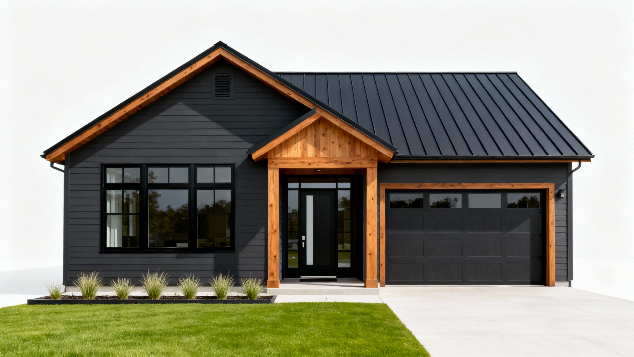 A modern, renovated ranch house with a dark gray and natural wood exterior, showcased against a clean white background to illustrate an exterior makeover.