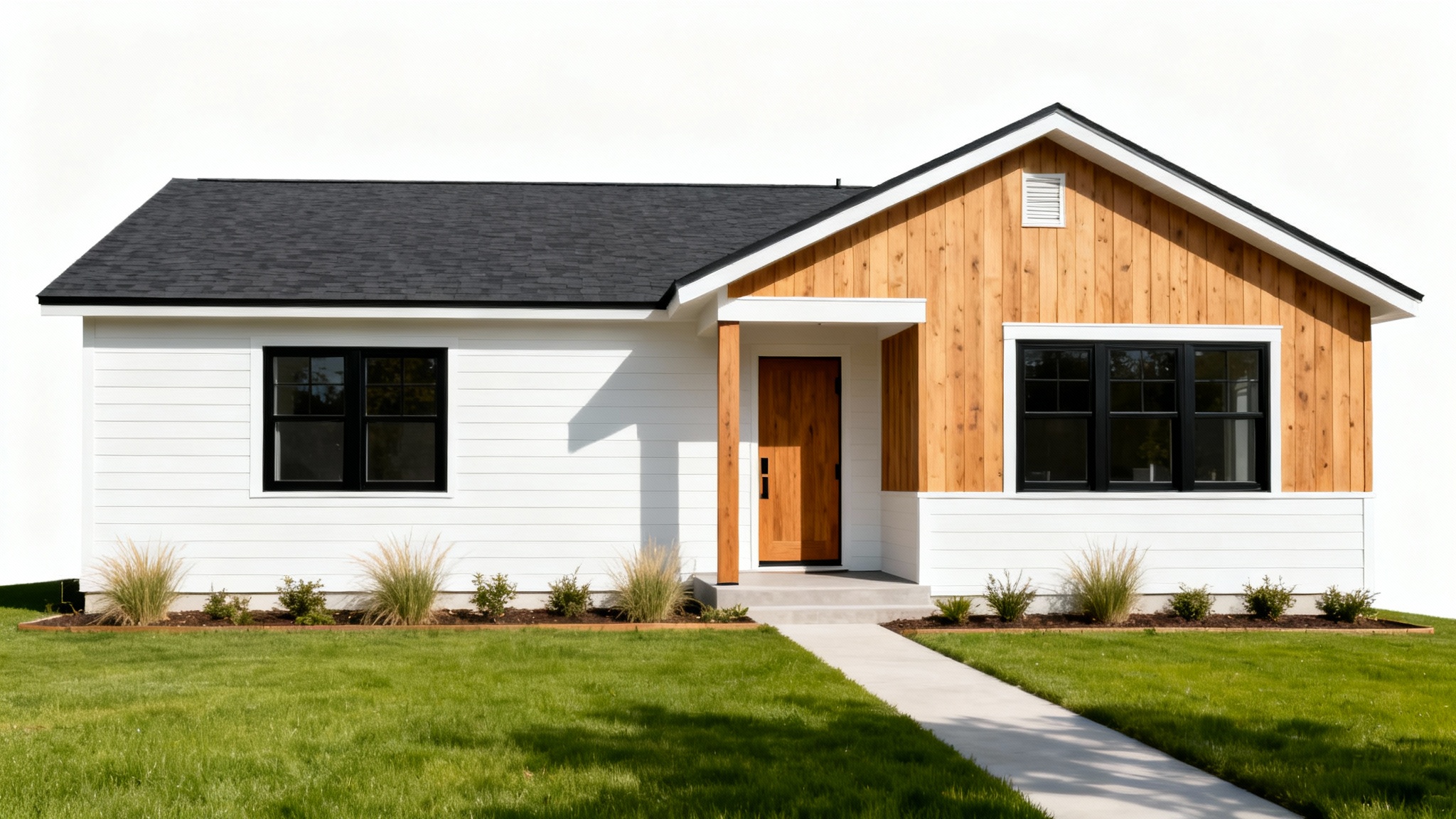 A modern renovated ranch house with white siding, dark trim, and wood accents, representing an exterior home makeover, set against a plain white background.