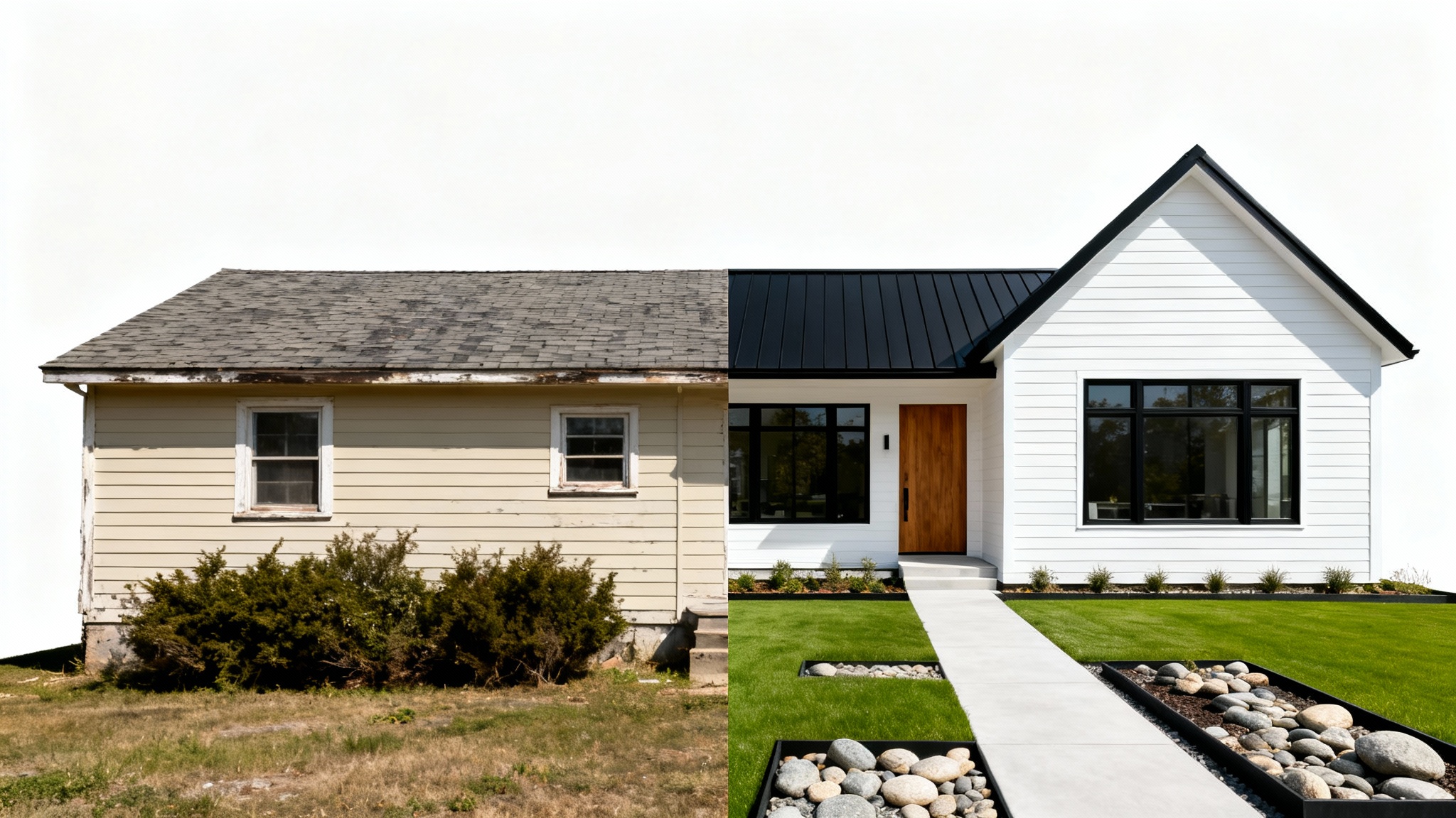 A split-image showcasing a ranch house exterior makeover. The 'before' side shows a dated beige house, while the 'after' side reveals a modern white house with a black roof and updated landscaping.
