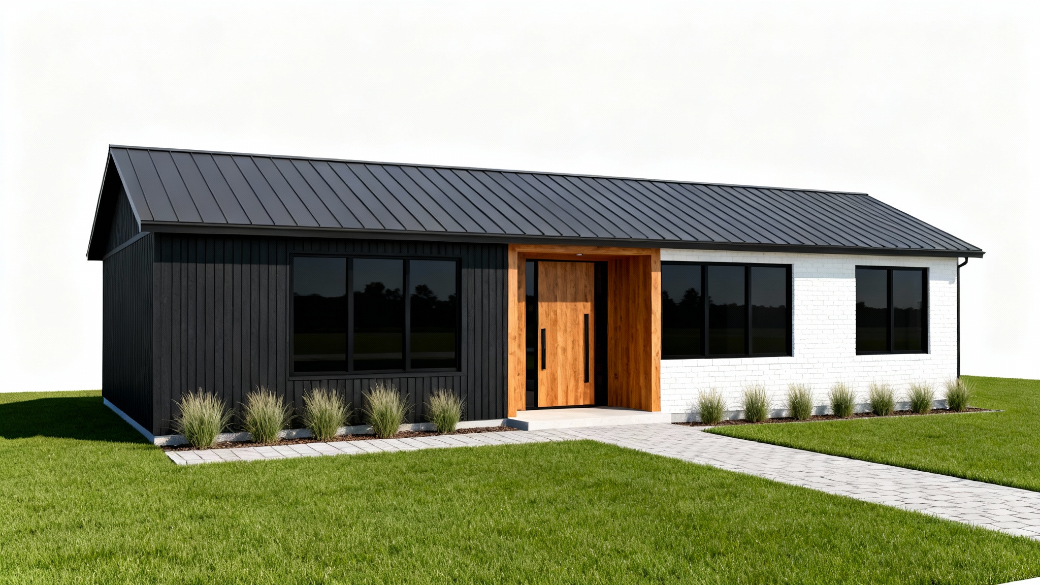A photorealistic mockup of a modern ranch house exterior makeover, featuring dark siding, wood accents, and large windows, all set against a stark white background.