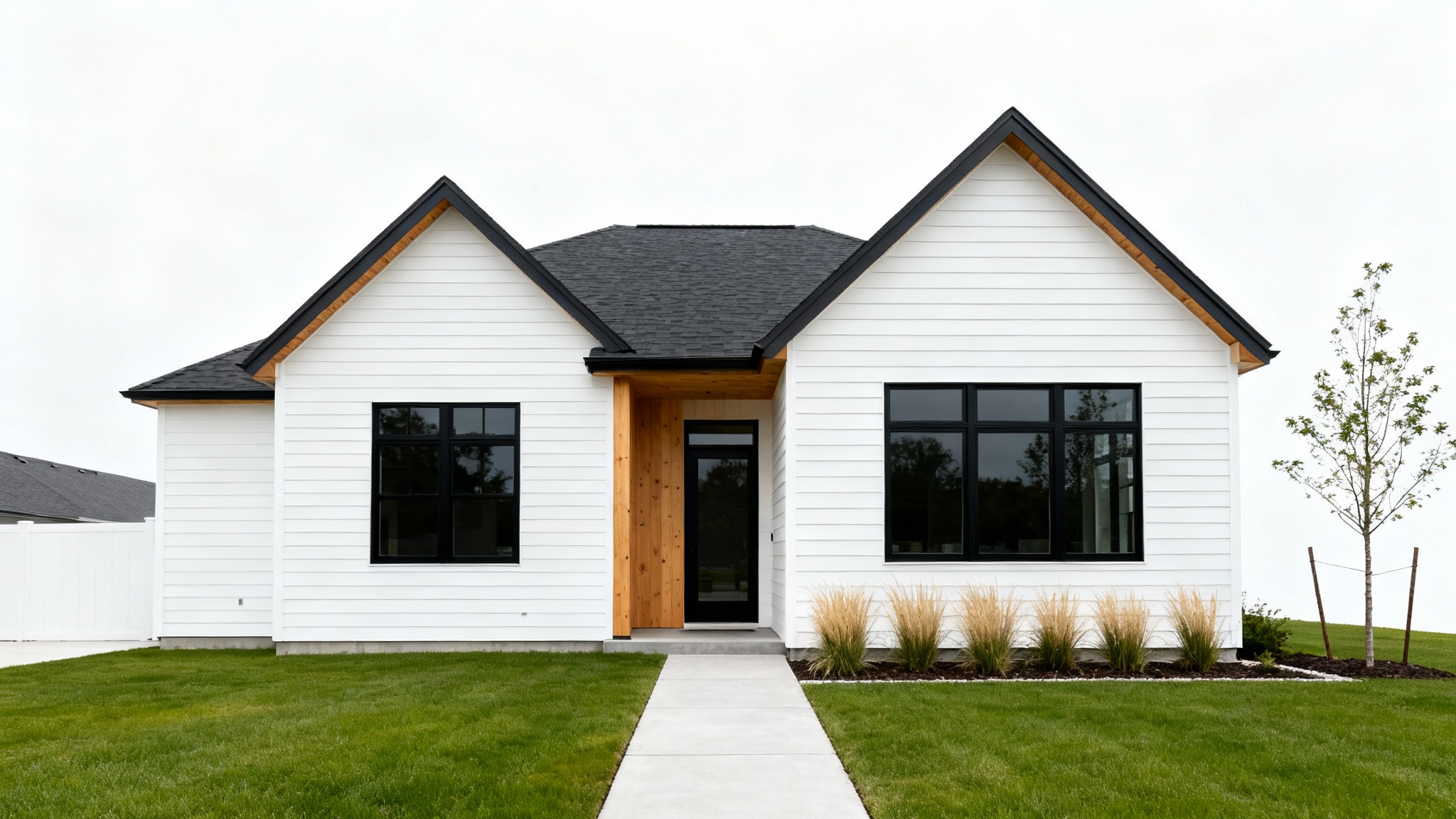 An architectural photo of a beautifully renovated single-story ranch house with a modern white and wood exterior, set against a clean white background.