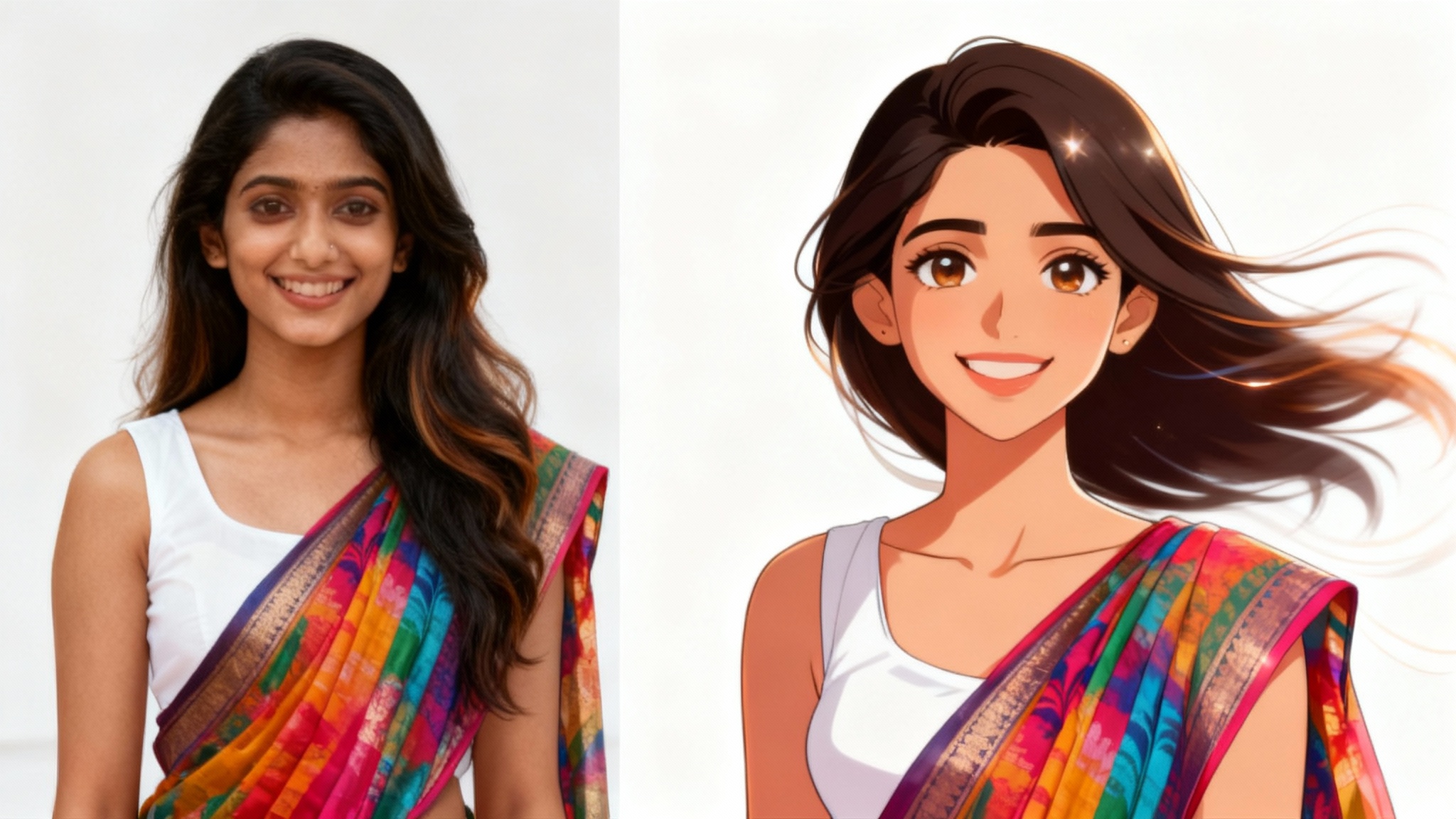 A before-and-after comparison image demonstrating a live portrait animation tool. On the left is a still photo of a woman in a saree. On the right, the same photo is animated, with her hair and clothes showing graceful motion blur.