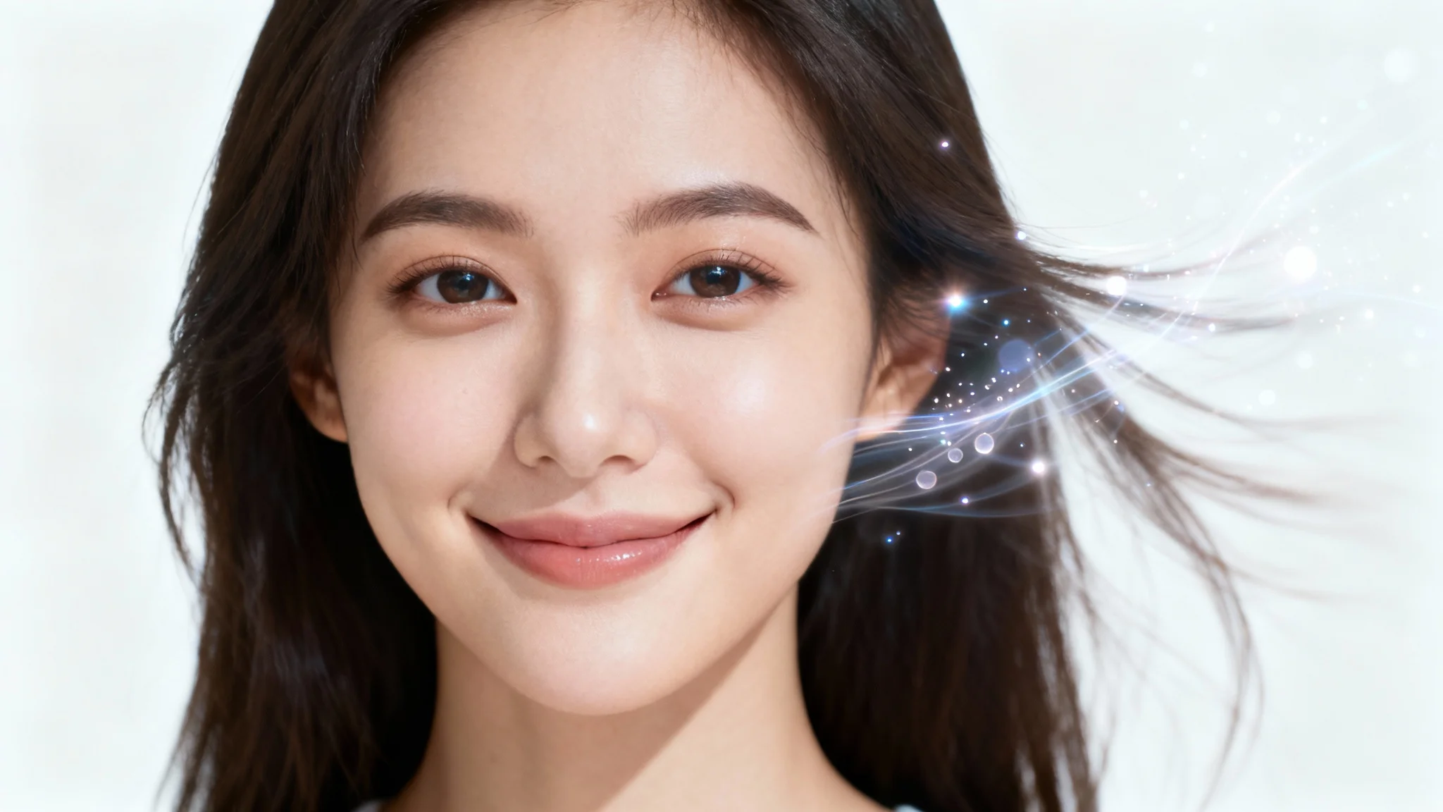 A conceptual image showing a woman's portrait half-still and half in motion, with digital light trails indicating the process of live portrait animation, set against a plain white background.