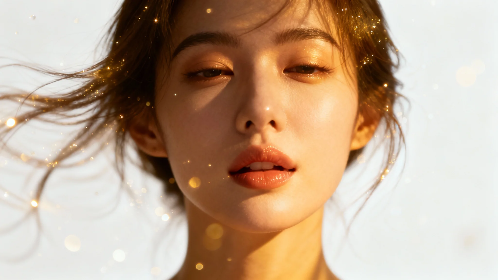 A hyper-realistic portrait of a woman's face frozen in a moment of animation, with her eyes mid-blink and hair floating, surrounded by magical light effects against a plain white background.