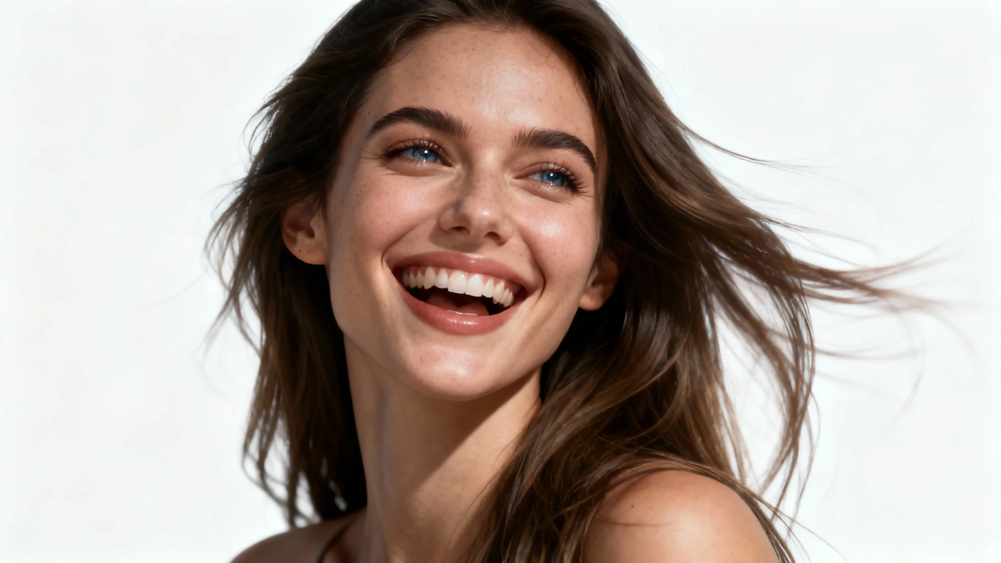 A hyperrealistic digital portrait of a woman laughing, where her face is in focus and her hair is in motion blur to represent a live portrait animation, against a plain white background.