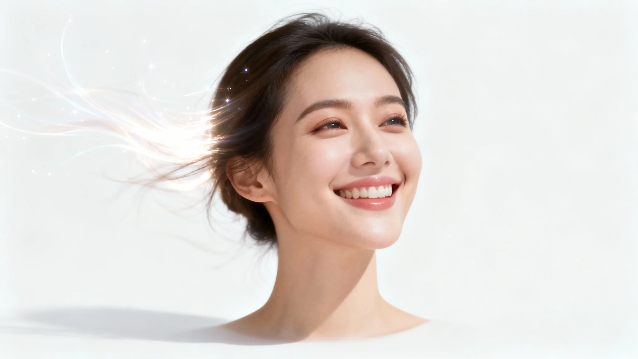 A photorealistic depiction of a live portrait animation, showing a smiling woman's face with subtle motion trails to indicate she is coming to life, set against a plain white background.