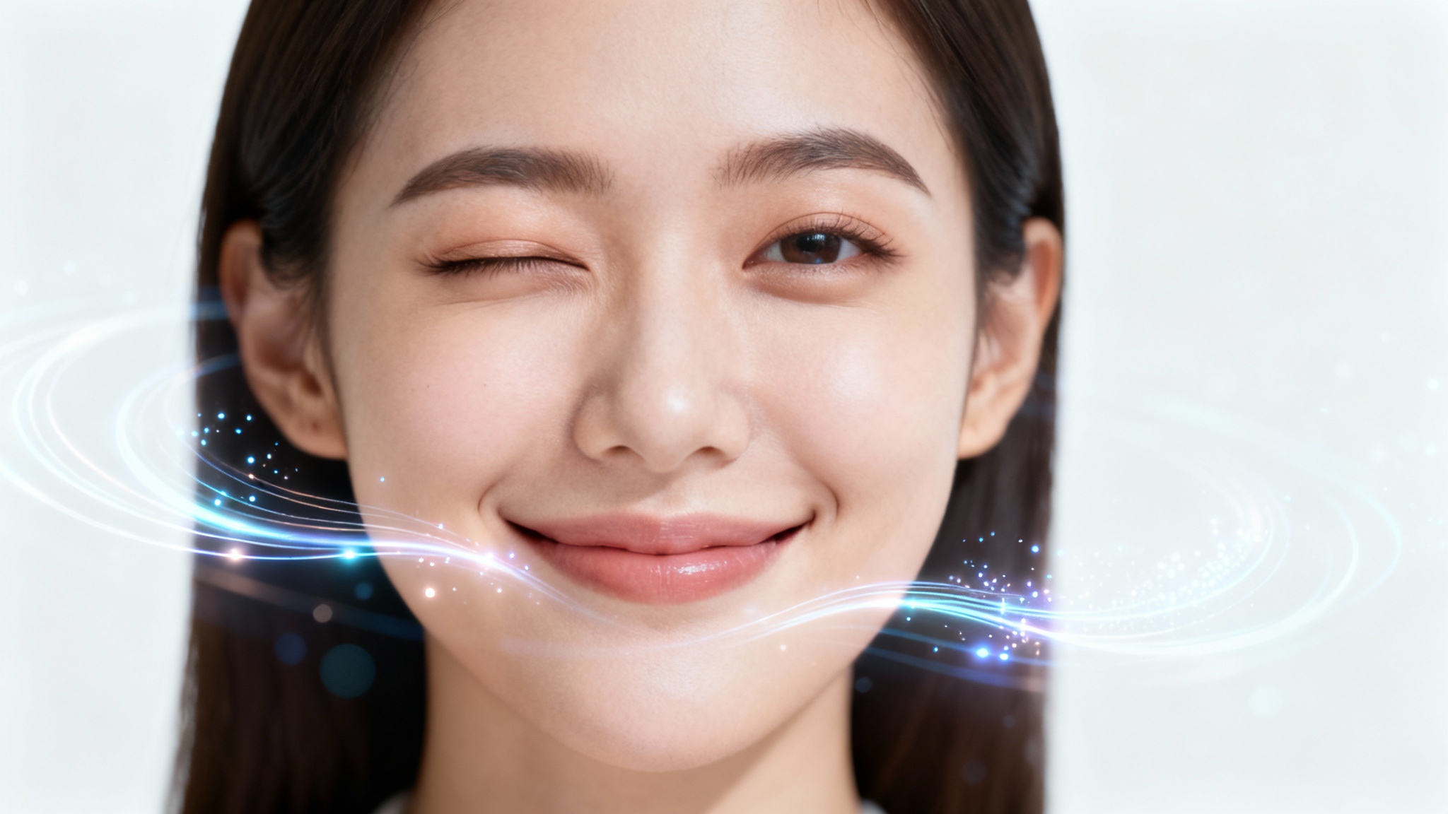 A photorealistic portrait of a woman against a white background, with glowing light trails and particles animating her face into a smile and a wink, illustrating live portrait animation.