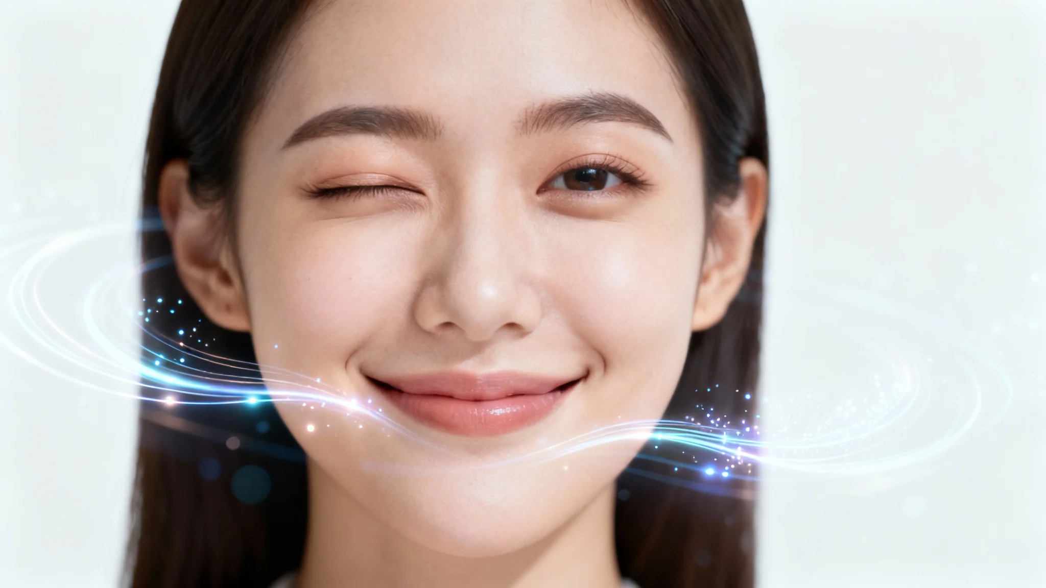 A photorealistic portrait of a woman against a white background, with glowing light trails and particles animating her face into a smile and a wink, illustrating live portrait animation.