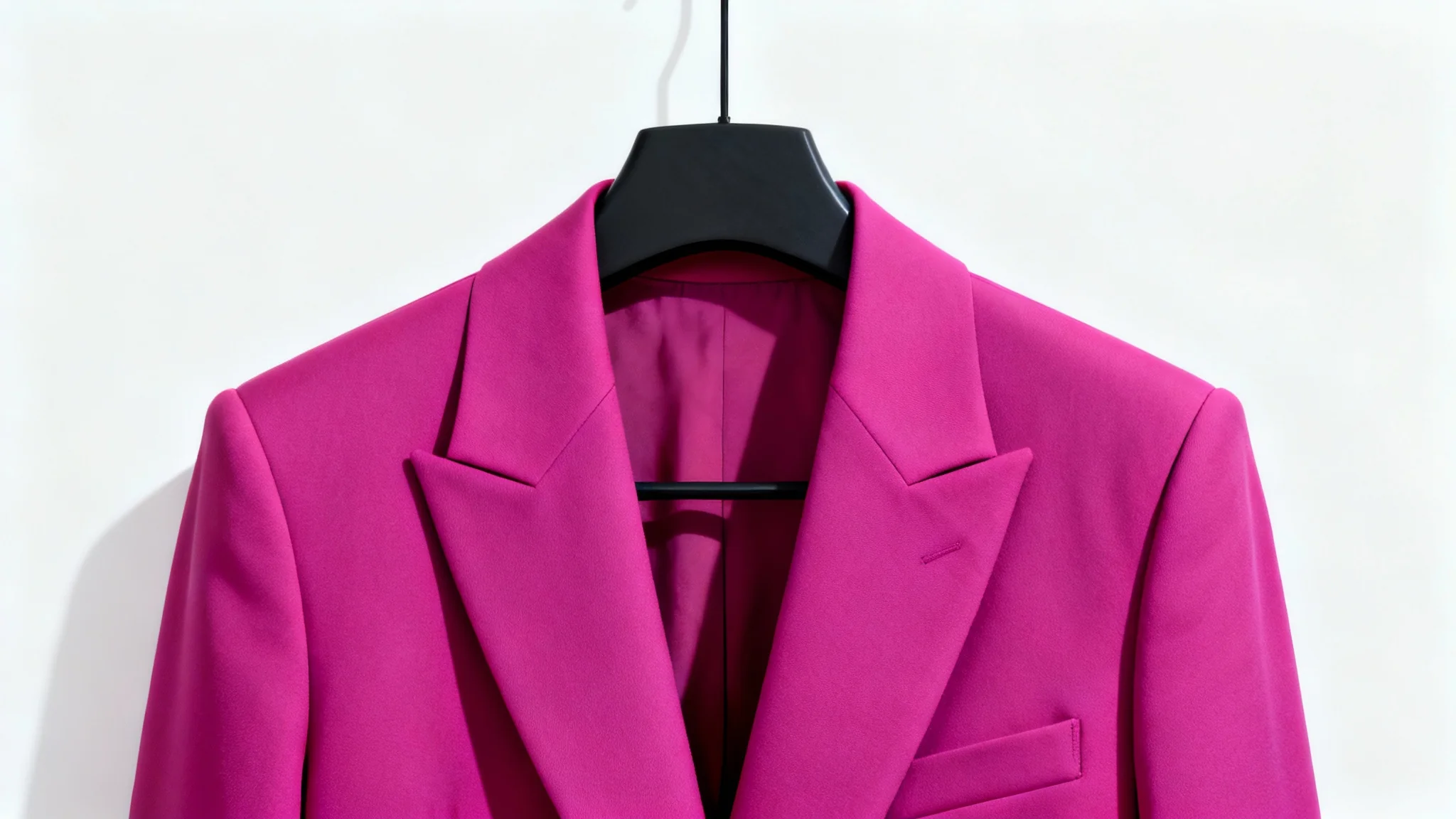 A studio product shot of a single, vibrant fuchsia blazer hanging on a simple hanger, isolated against a solid white background, emphasizing its texture and tailoring.