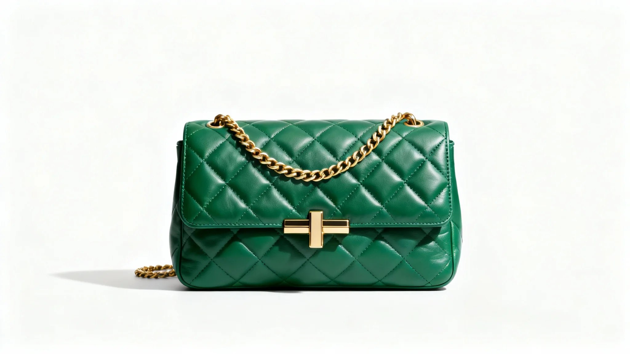 A luxurious, emerald green quilted leather handbag with gold hardware, displayed against a clean white background in a professional product shot.