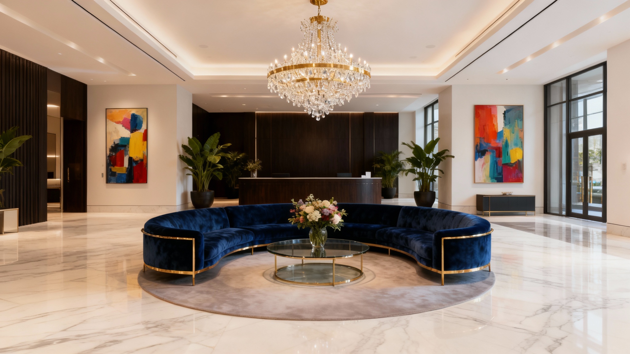 A wide-angle photograph of a luxurious, modern hotel lobby with a central blue velvet circular sofa, a large crystal chandelier, and a sleek wooden reception desk on a marble floor, professionally lit and designed.