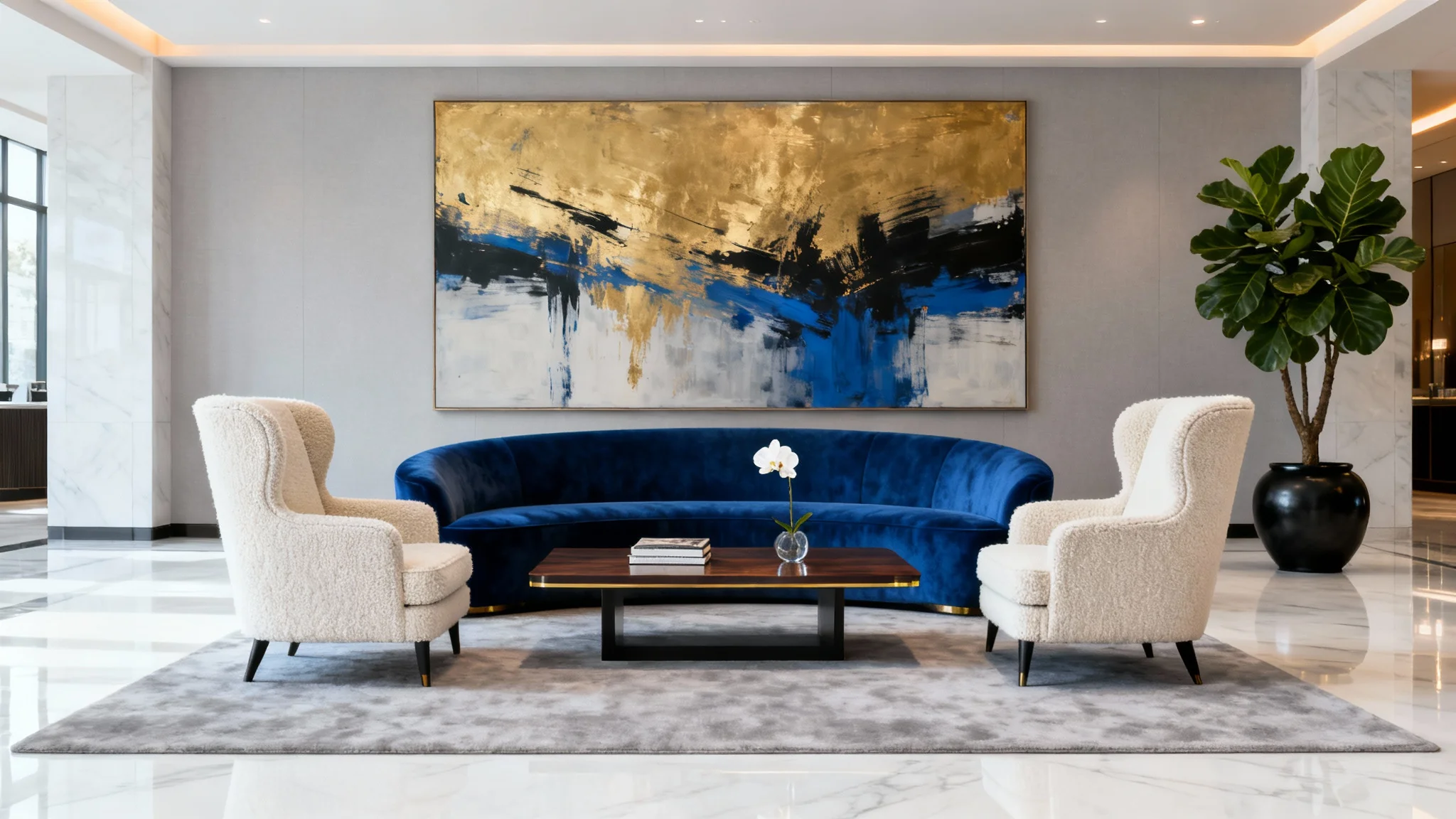 A photorealistic image of a modern hotel lobby's seating area, featuring a sapphire blue sofa, cream armchairs, a dark wood coffee table, and a large abstract painting, all set on a polished marble floor.