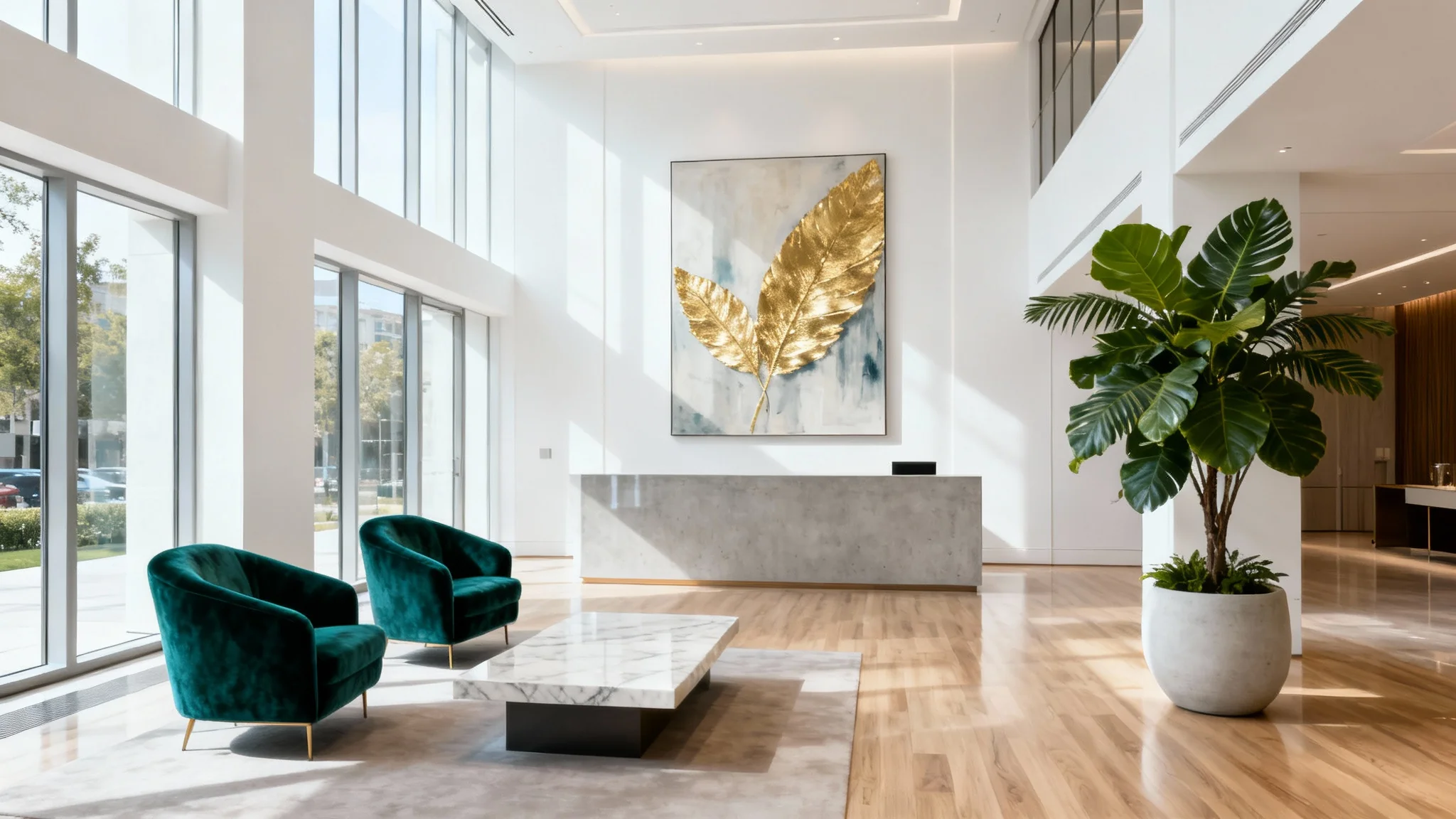 A mockup of a bright, modern hotel lobby with minimalist decor, featuring green velvet armchairs, a marble coffee table, and large windows, conveying a sense of luxury and style.