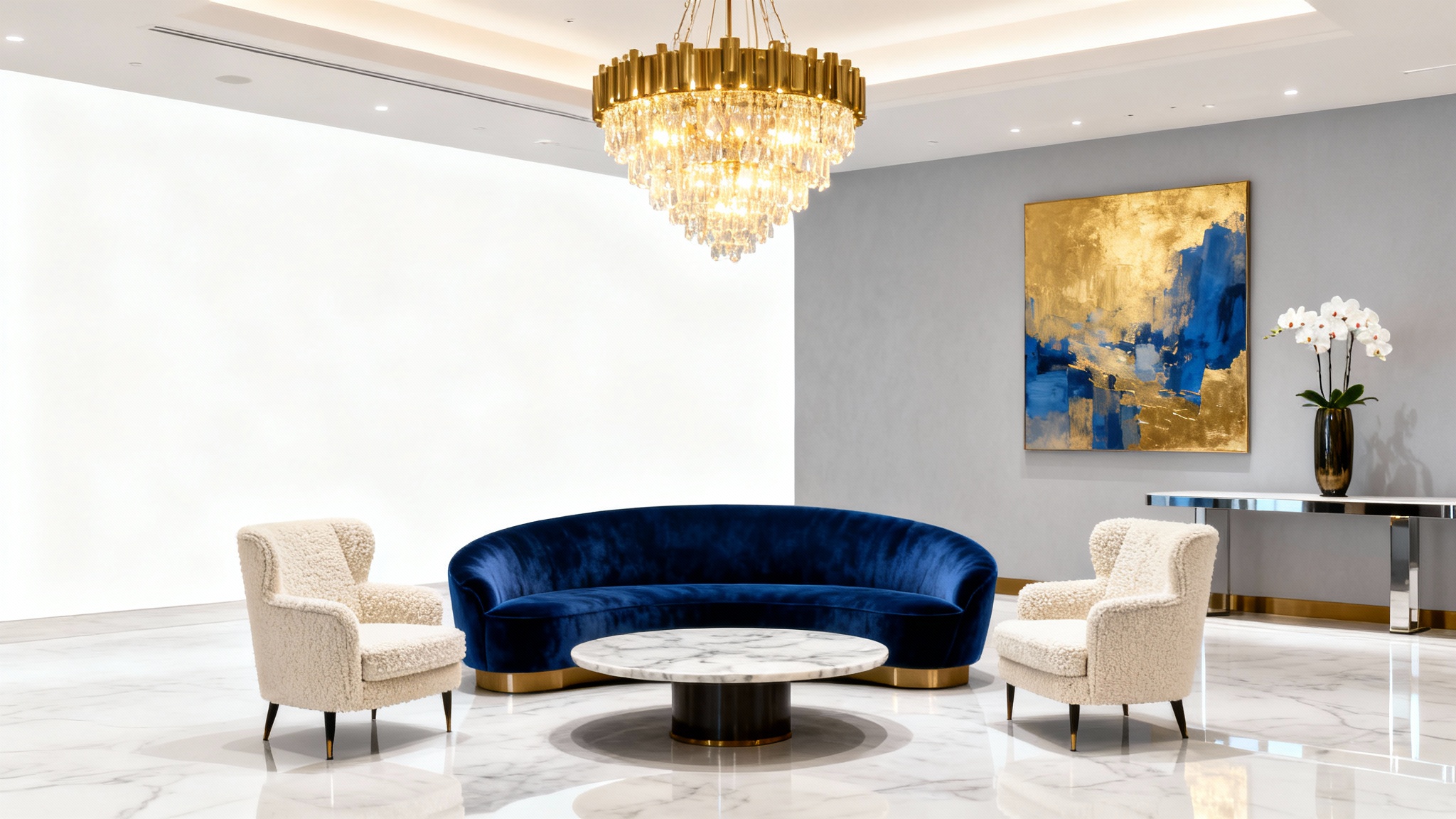 A modern and luxurious hotel lobby featuring a plush blue velvet sofa, cream armchairs, a marble coffee table, and a large statement chandelier, showcasing sophisticated interior decor.
