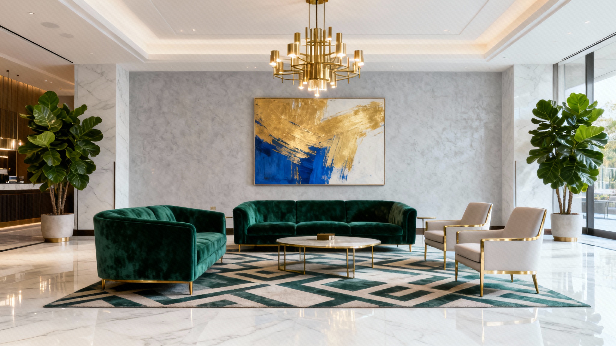 A photorealistic image of a modern, luxurious hotel lobby with emerald green velvet sofas, a large brass chandelier, polished marble floors, and contemporary art, creating a sophisticated and welcoming ambiance.