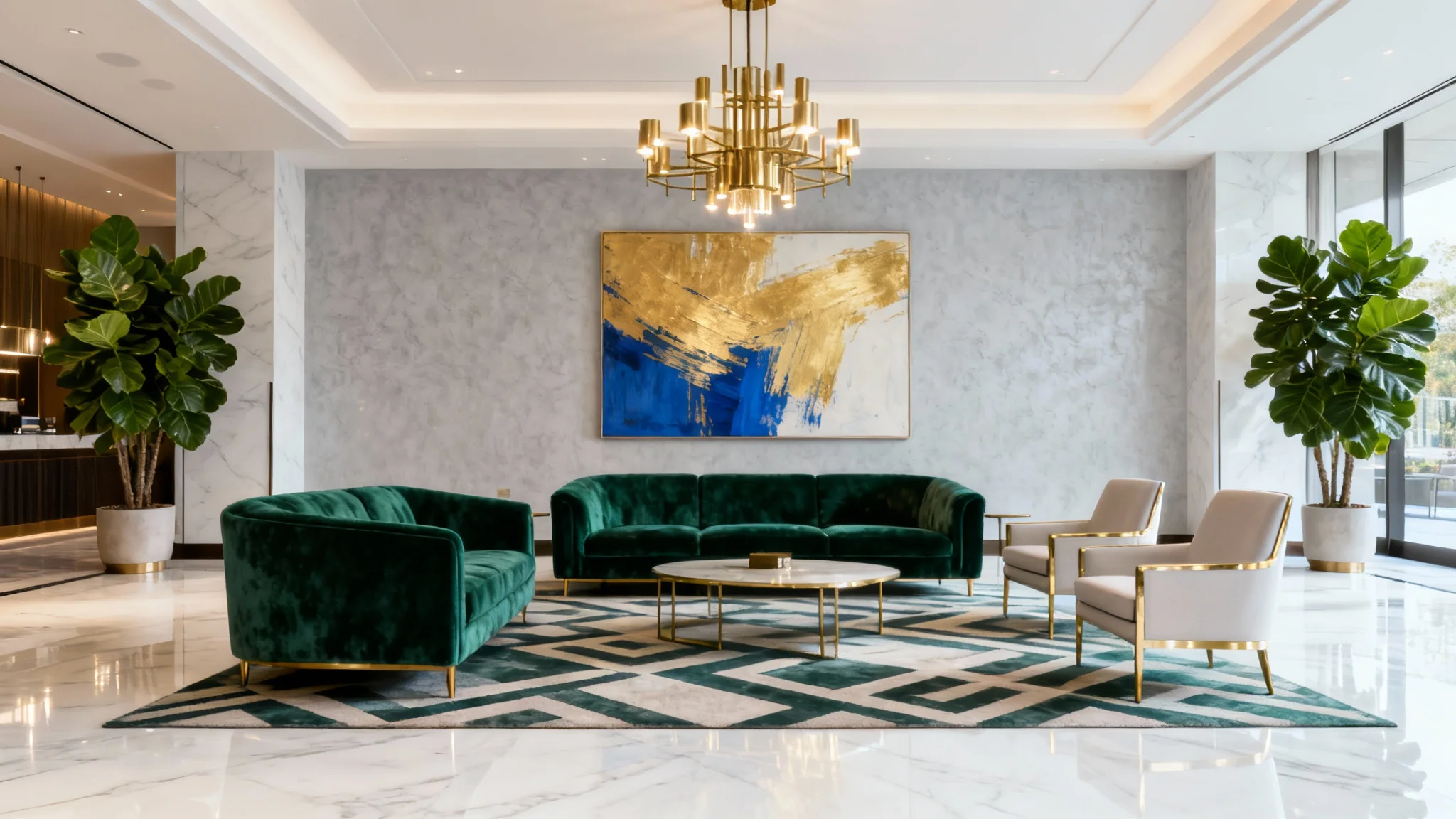 A photorealistic image of a modern, luxurious hotel lobby with emerald green velvet sofas, a large brass chandelier, polished marble floors, and contemporary art, creating a sophisticated and welcoming ambiance.