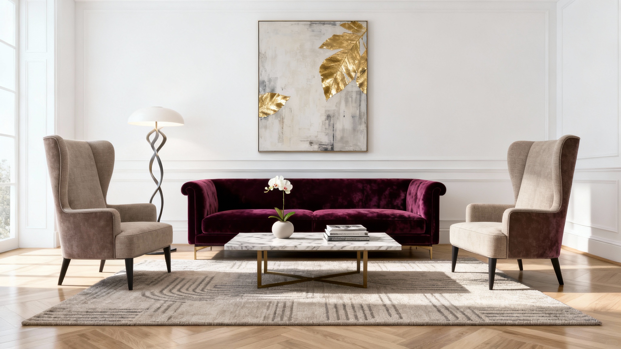 A mockup of a luxurious hotel lobby decor featuring a jewel-toned sofa, elegant armchairs, a marble coffee table, and a large abstract painting, styled in a modern and sophisticated manner.