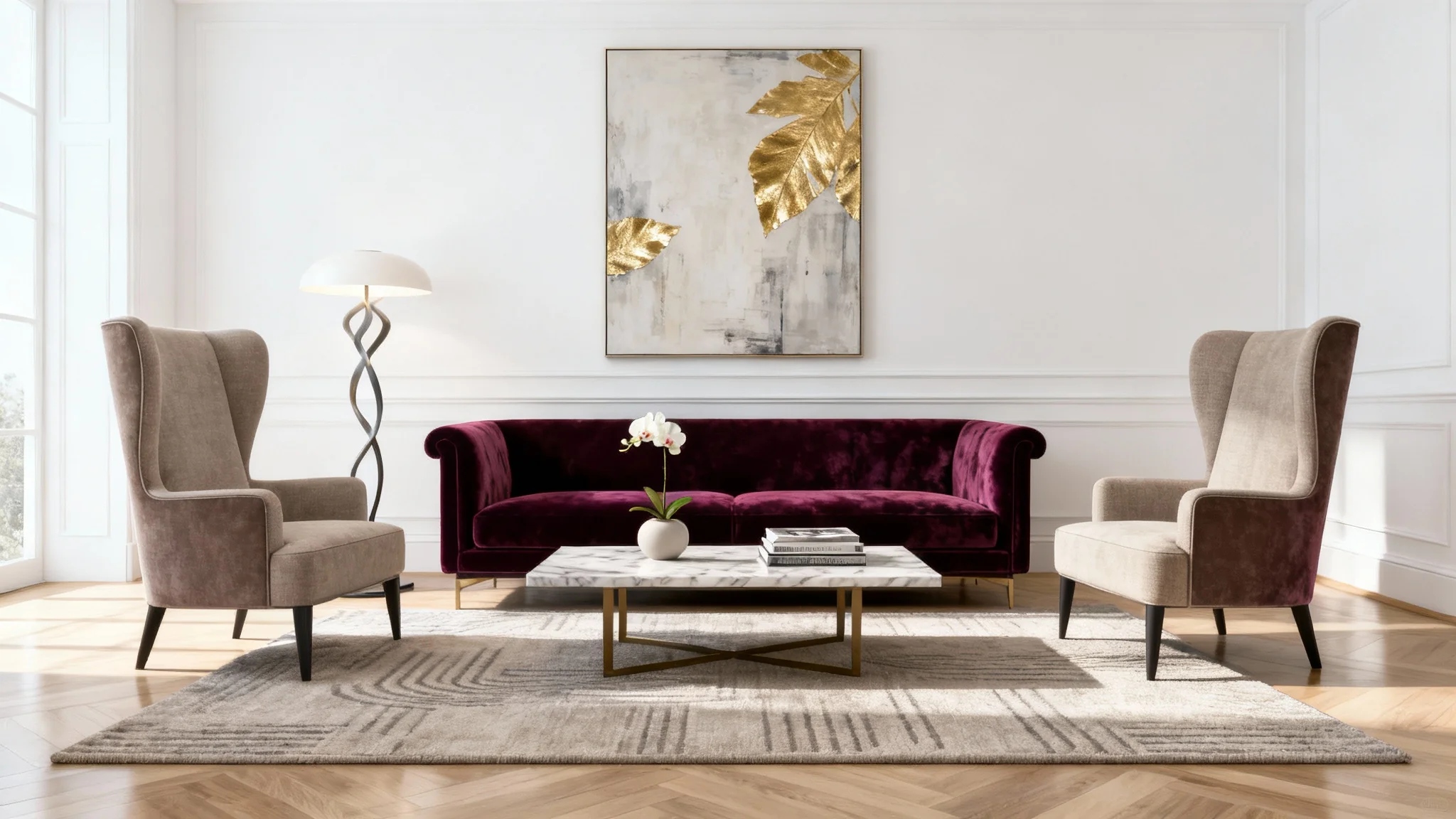 A mockup of a luxurious hotel lobby decor featuring a jewel-toned sofa, elegant armchairs, a marble coffee table, and a large abstract painting, styled in a modern and sophisticated manner.