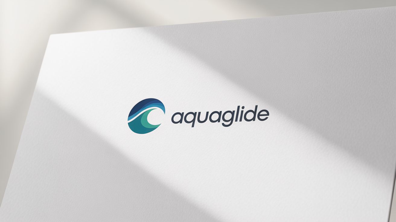 A modern and minimalist logo for a fictional company called 'AquaGlide', featuring a stylized wave icon in a blue-to-teal gradient, presented as a mockup on a business card against a white background.