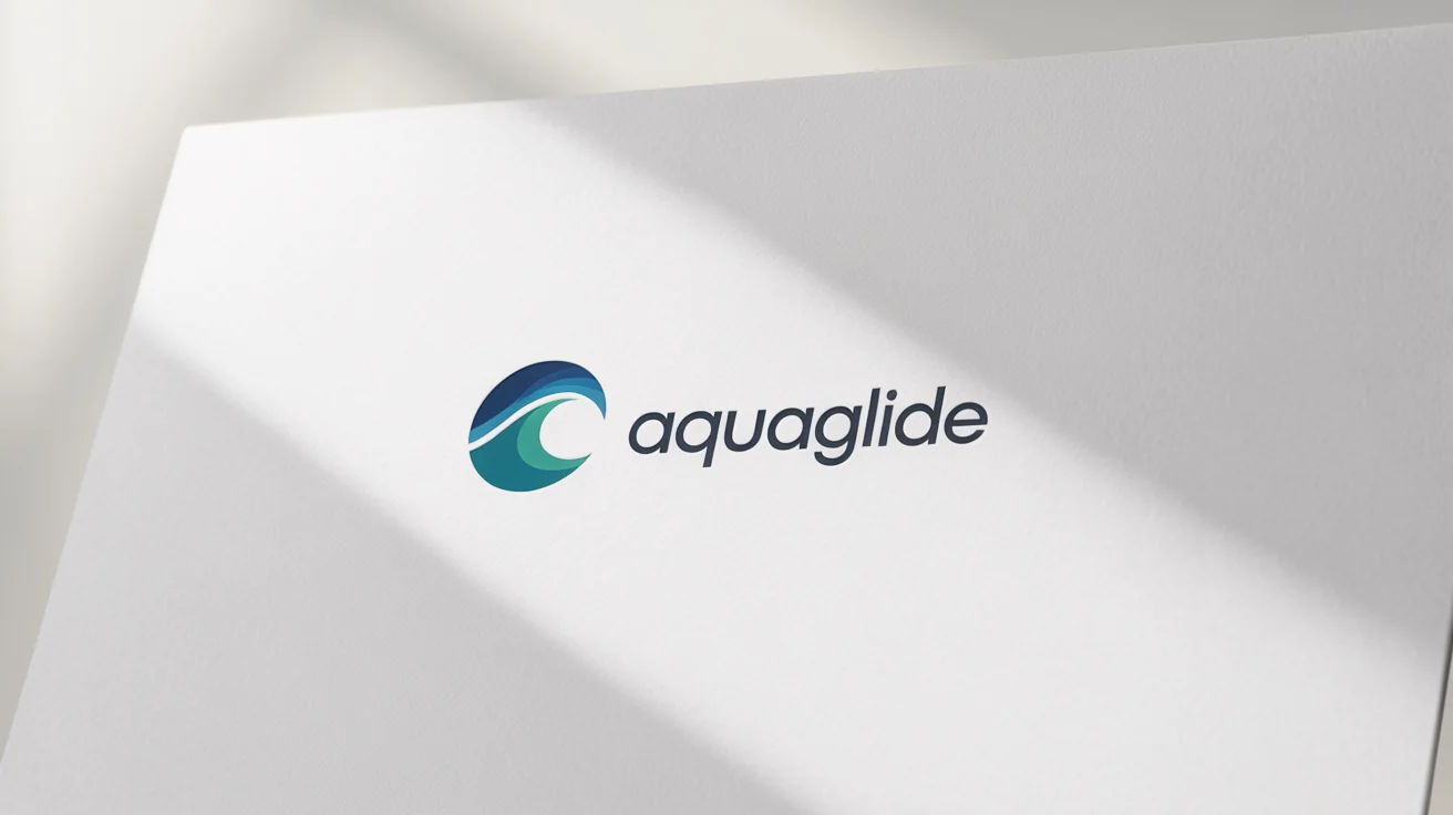 A modern and minimalist logo for a fictional company called 'AquaGlide', featuring a stylized wave icon in a blue-to-teal gradient, presented as a mockup on a business card against a white background.