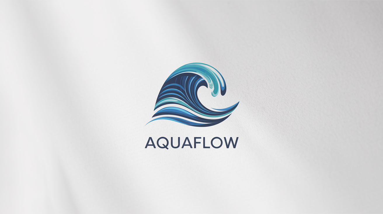 A modern, minimalist logo featuring a stylized blue and turquoise wave above the word 'AquaFlow' on a white background.