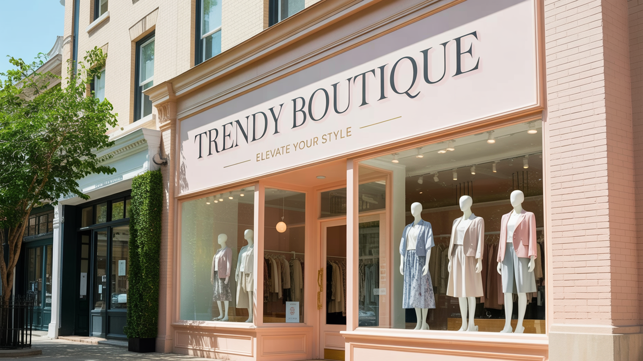 A photorealistic mockup showing a sign for "TRENDY BOUTIQUE" on the front of a stylish, modern retail store on a sunny day.