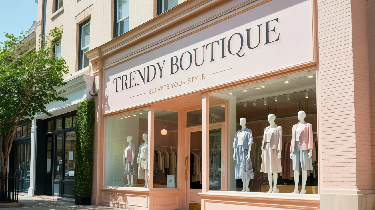 A photorealistic mockup showing a sign for "TRENDY BOUTIQUE" on the front of a stylish, modern retail store on a sunny day.