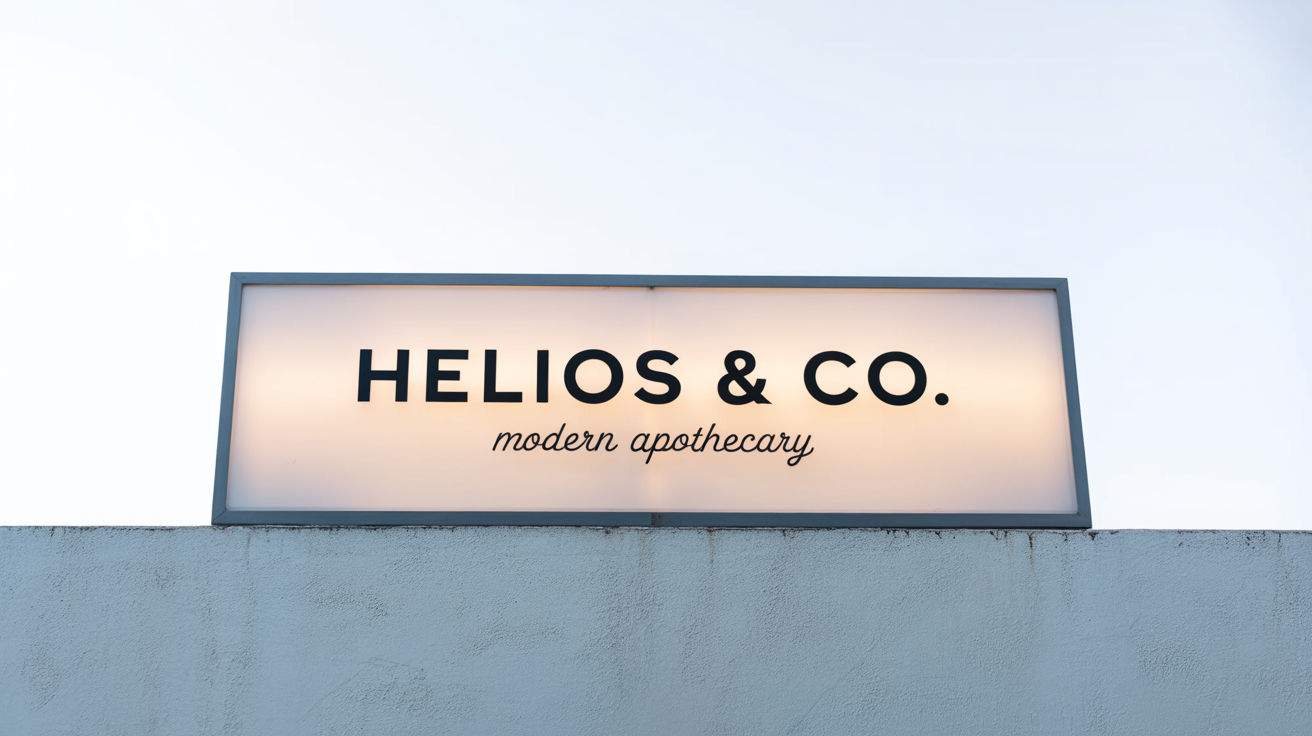 A photorealistic mockup of a modern storefront lightbox sign for a brand named 'Helios & Co., Modern Apothecary', mounted on a concrete wall against a white background.