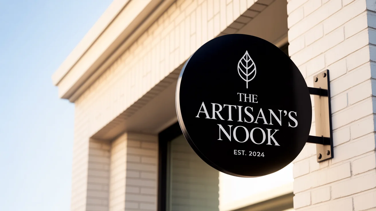 A photorealistic mockup of a round, black sign for a business named 'The Artisan's Nook', mounted on a modern, off-white brick storefront.
