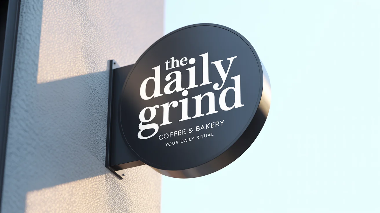 A photorealistic mockup of a round, black blade sign for 'The Daily Grind Coffee & Bakery', mounted on a light-grey textured wall against a clean white background.
