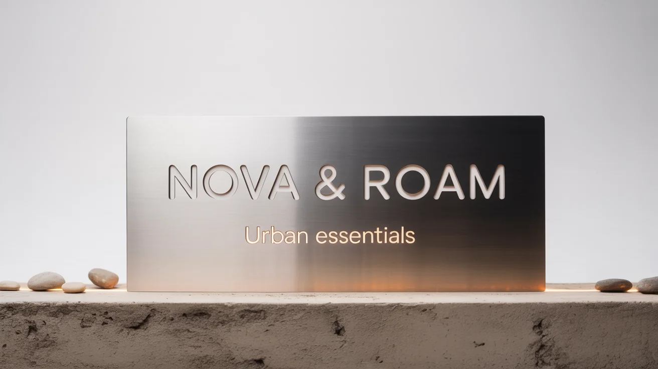 A photorealistic mockup of a modern, dark metal rectangular storefront sign with the words 'NOVA & ROAM' and 'URBAN ESSENTIALS' debossed on it, set against a plain white background.