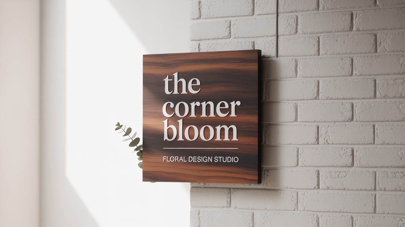 A professional mockup of a square, dark wood storefront sign on a white brick wall. The sign has white text that reads 'THE CORNER BLOOM' and 'FLORAL DESIGN STUDIO'.