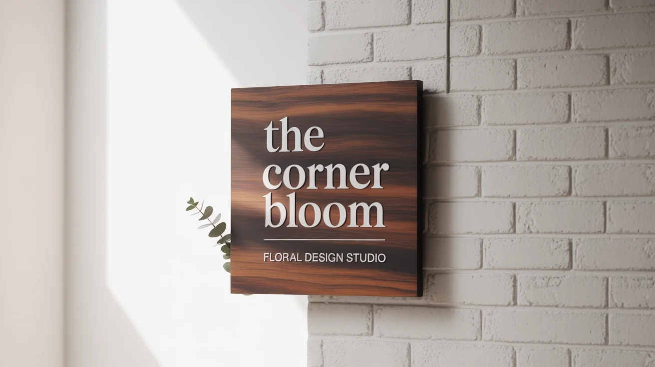 A professional mockup of a square, dark wood storefront sign on a white brick wall. The sign has white text that reads 'THE CORNER BLOOM' and 'FLORAL DESIGN STUDIO'.