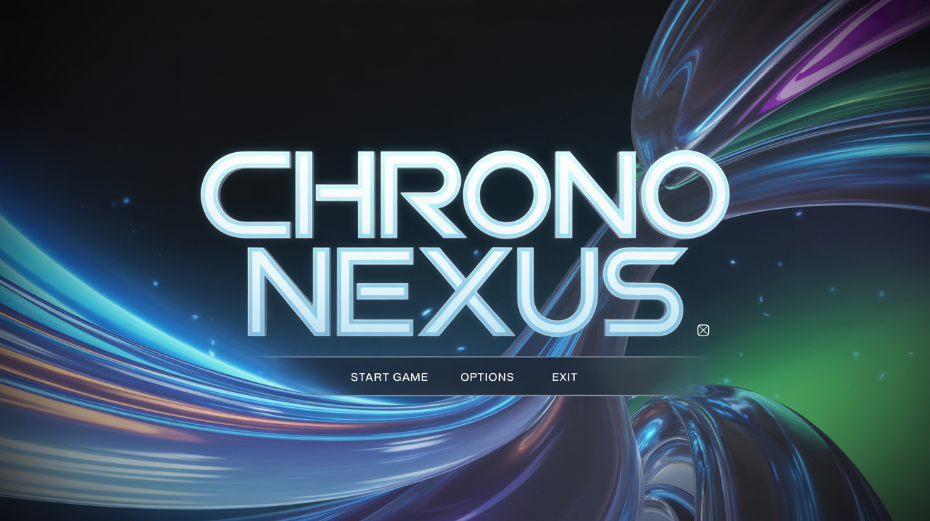 A polished and vibrant video game title screen for a fictional game called 'Chrono Nexus', featuring stylized text and menu options against a colorful abstract background.