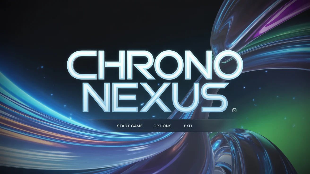 A polished and vibrant video game title screen for a fictional game called 'Chrono Nexus', featuring stylized text and menu options against a colorful abstract background.