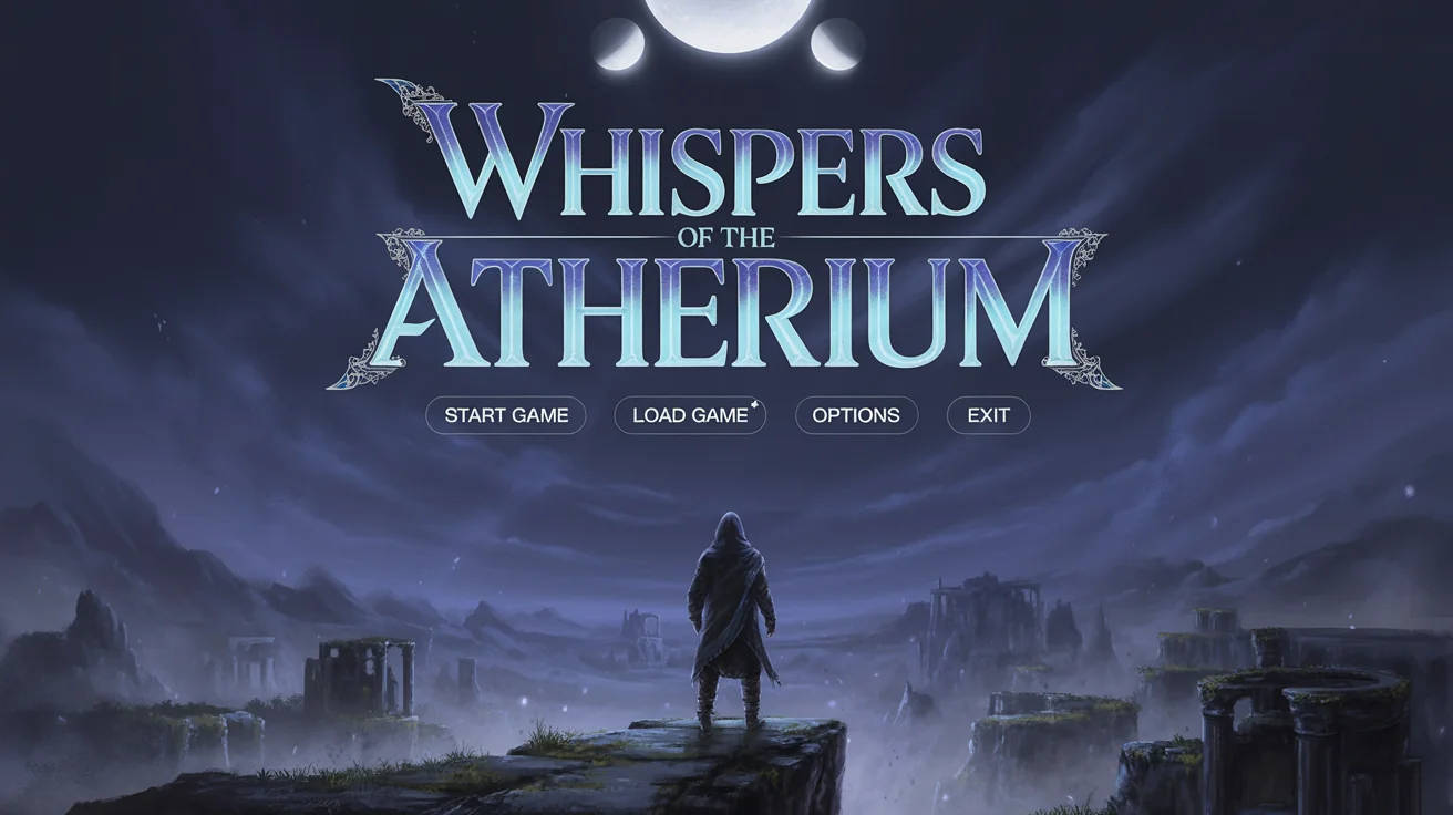 A fantasy video game title screen mockup for a game called 'Whispers of the Ætherium'. The title and menu options are overlaid on a dramatic scene of a cloaked figure looking out over a misty valley of ancient ruins under a twilit, two-mooned sky.