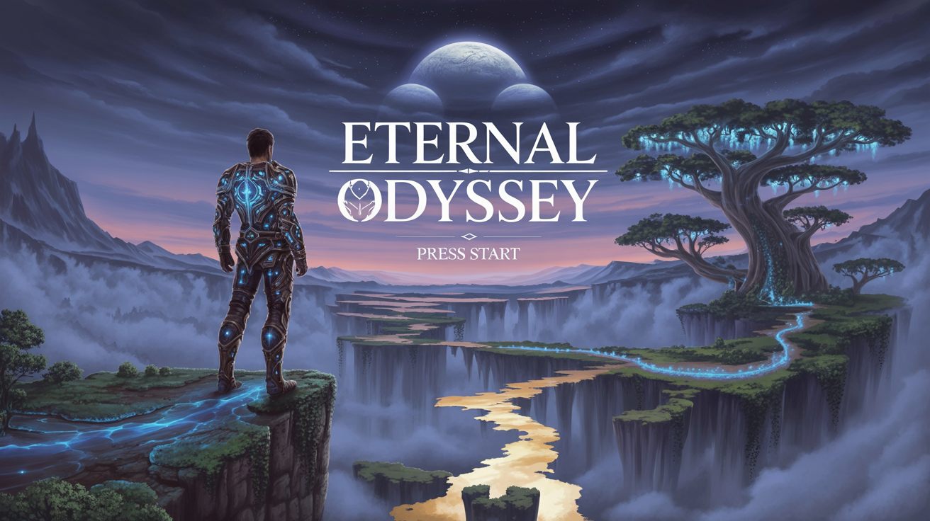 A fantasy game title screen mockup for a game called 'Eternal Odyssey', featuring a hero in glowing armor looking over a mystical landscape with floating islands. The text 'Press Start' is visible.
