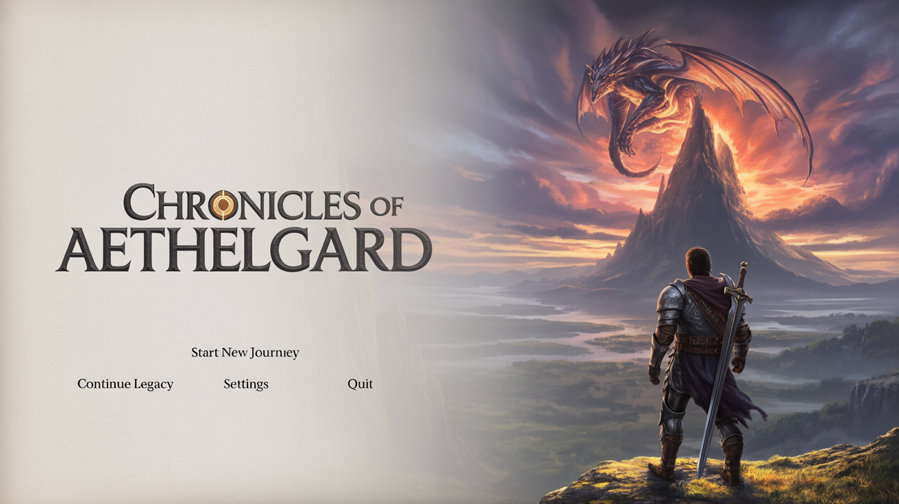 A game title screen mockup for a fantasy RPG called 'Chronicles of Aethelgard', featuring a knight overlooking a valley with a dragon in the distance at sunset.