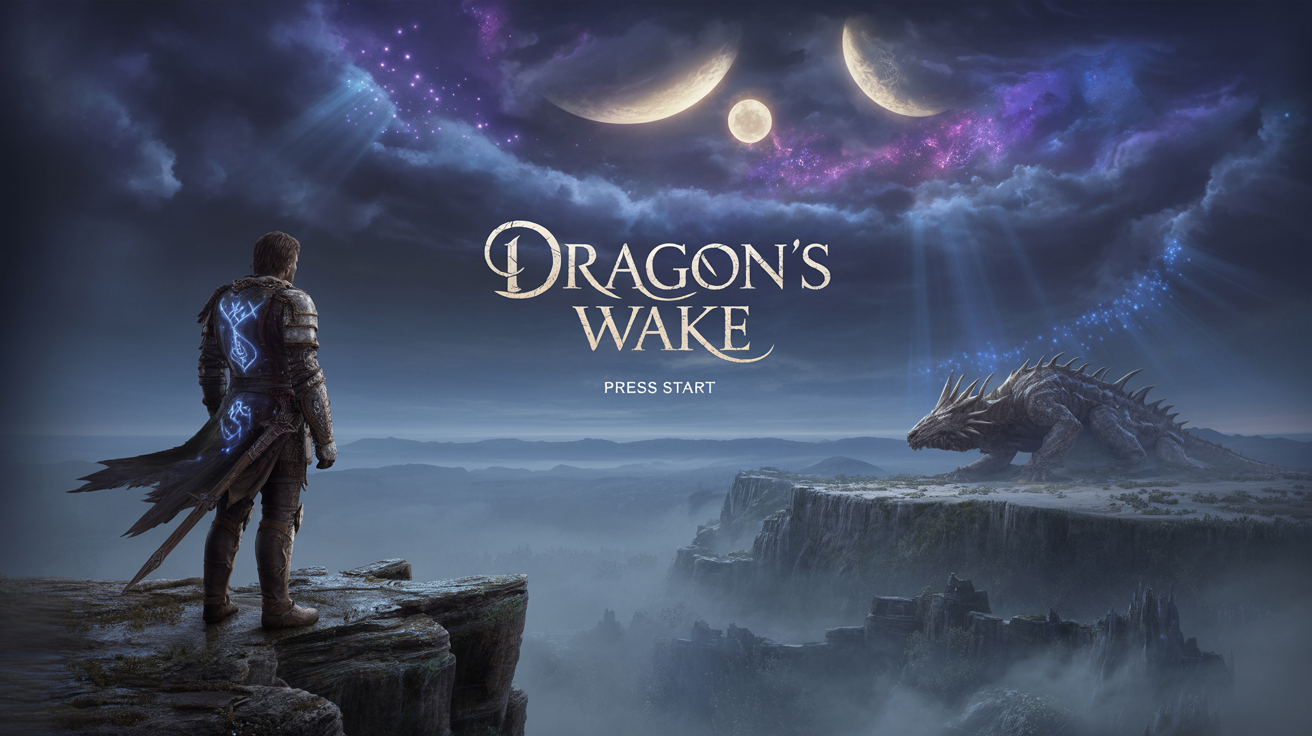Cinematic title screen for the fantasy game 'Dragon's Wake,' showing a knight in glowing armor overlooking a misty valley with a massive dragon on a distant mountain under a nebula sky.
