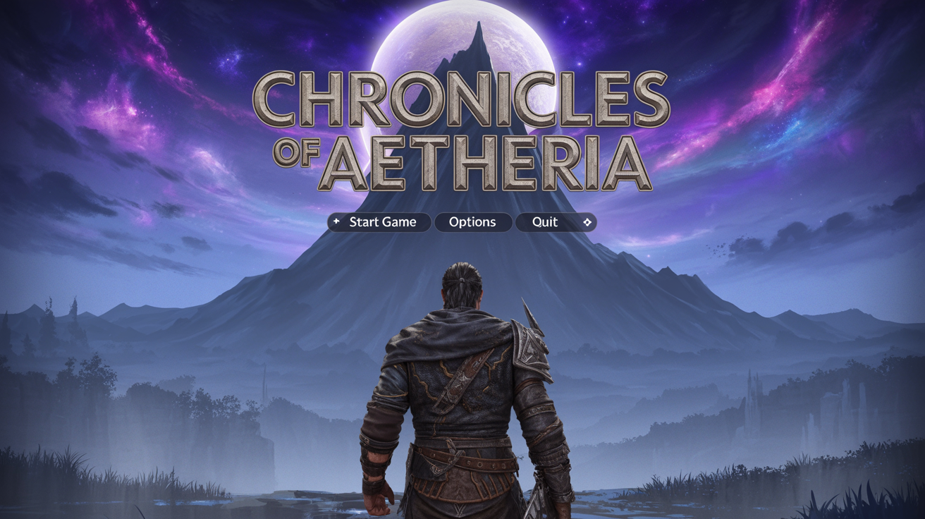A game title screen for a fantasy RPG called 'Chronicles of Aetheria', featuring a hero silhouetted against a cosmic sky, with menu options to start or quit the game.