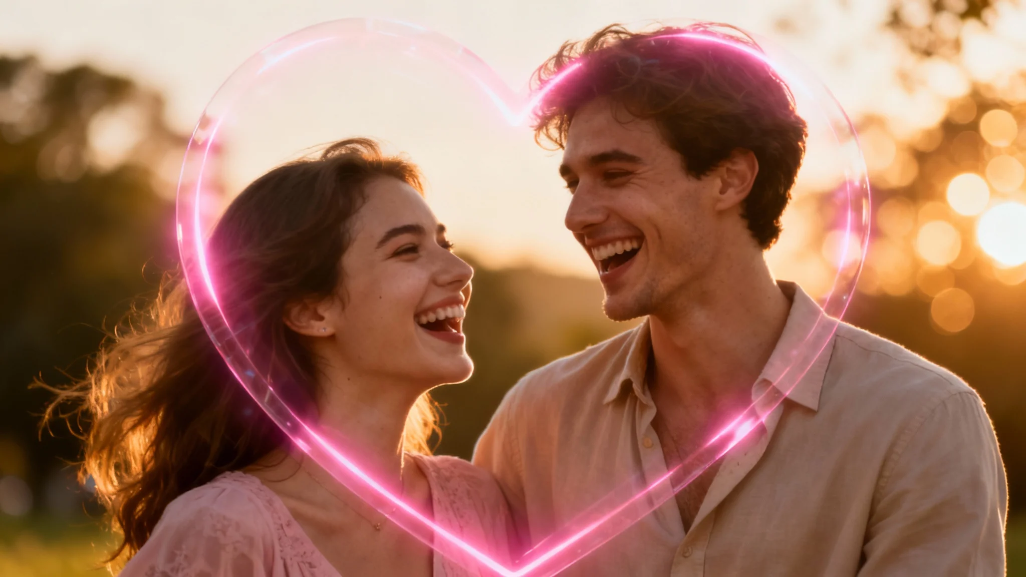 A professionally edited photo of a happy couple at sunset, with a glowing, semi-transparent heart graphic overlaid on the image, representing a photo editing result.