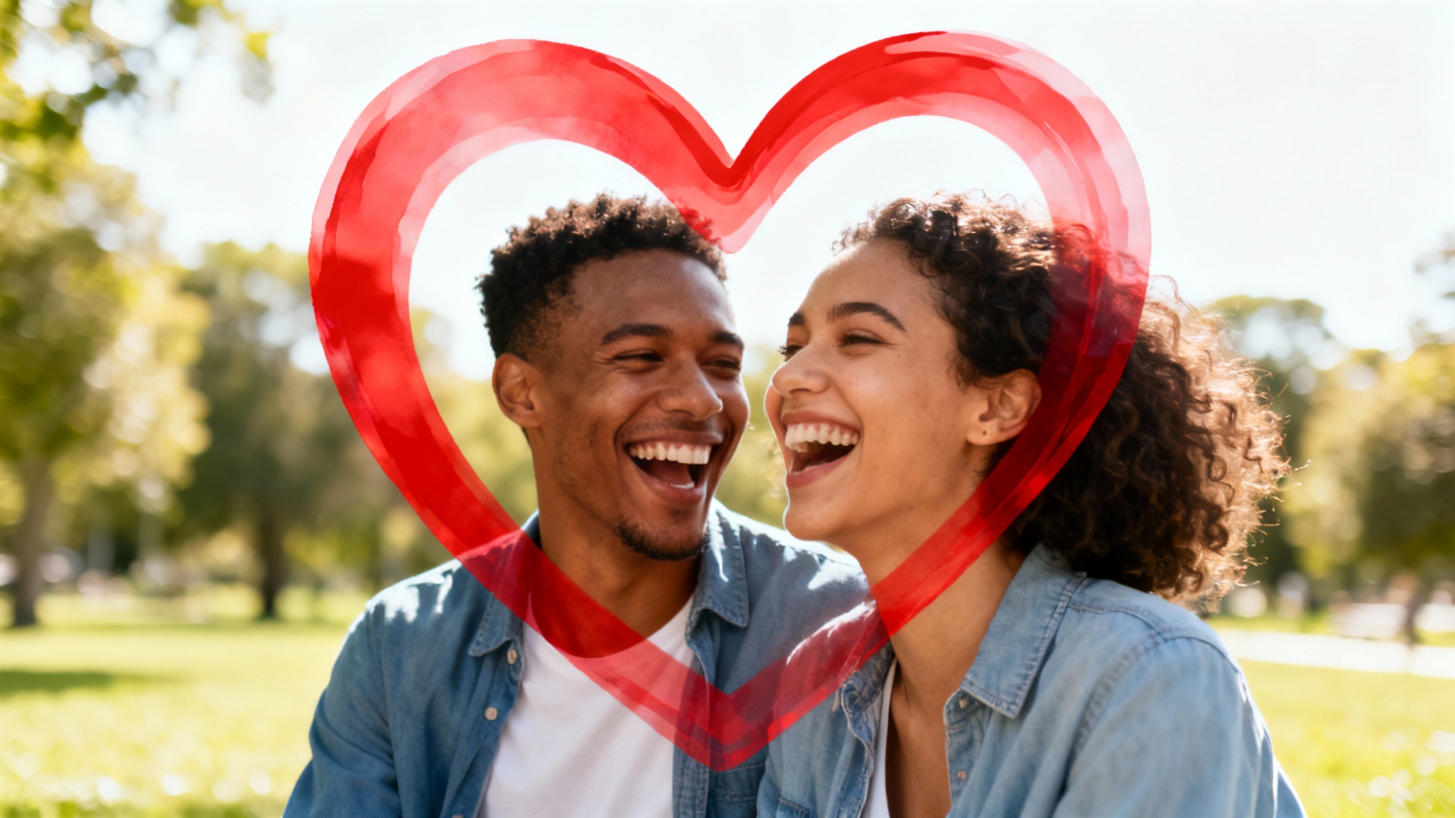 A photorealistic mockup showing a picture of a happy couple with a large, digital red heart added over the top of the photo, isolated on a white background.