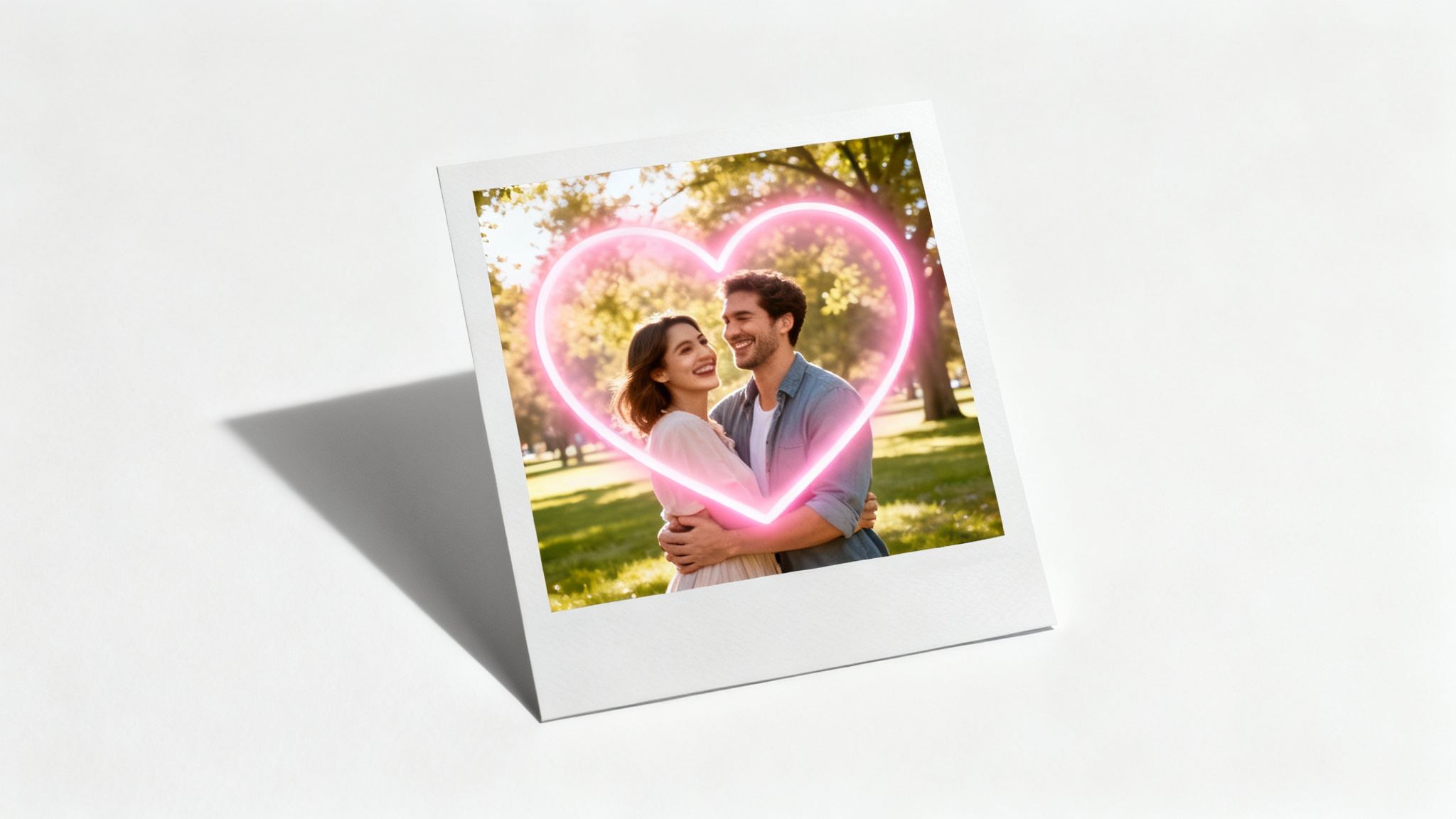 A mockup of a photograph showing a happy couple, with a large, glowing pink heart digitally added over them as an effect, all on a clean white background.