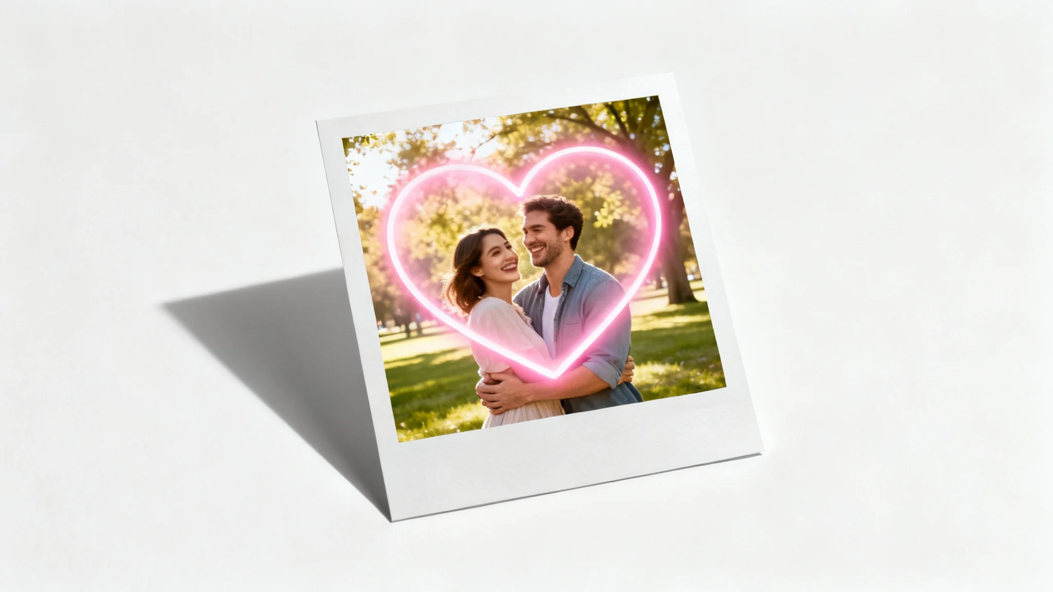 A mockup of a photograph showing a happy couple, with a large, glowing pink heart digitally added over them as an effect, all on a clean white background.