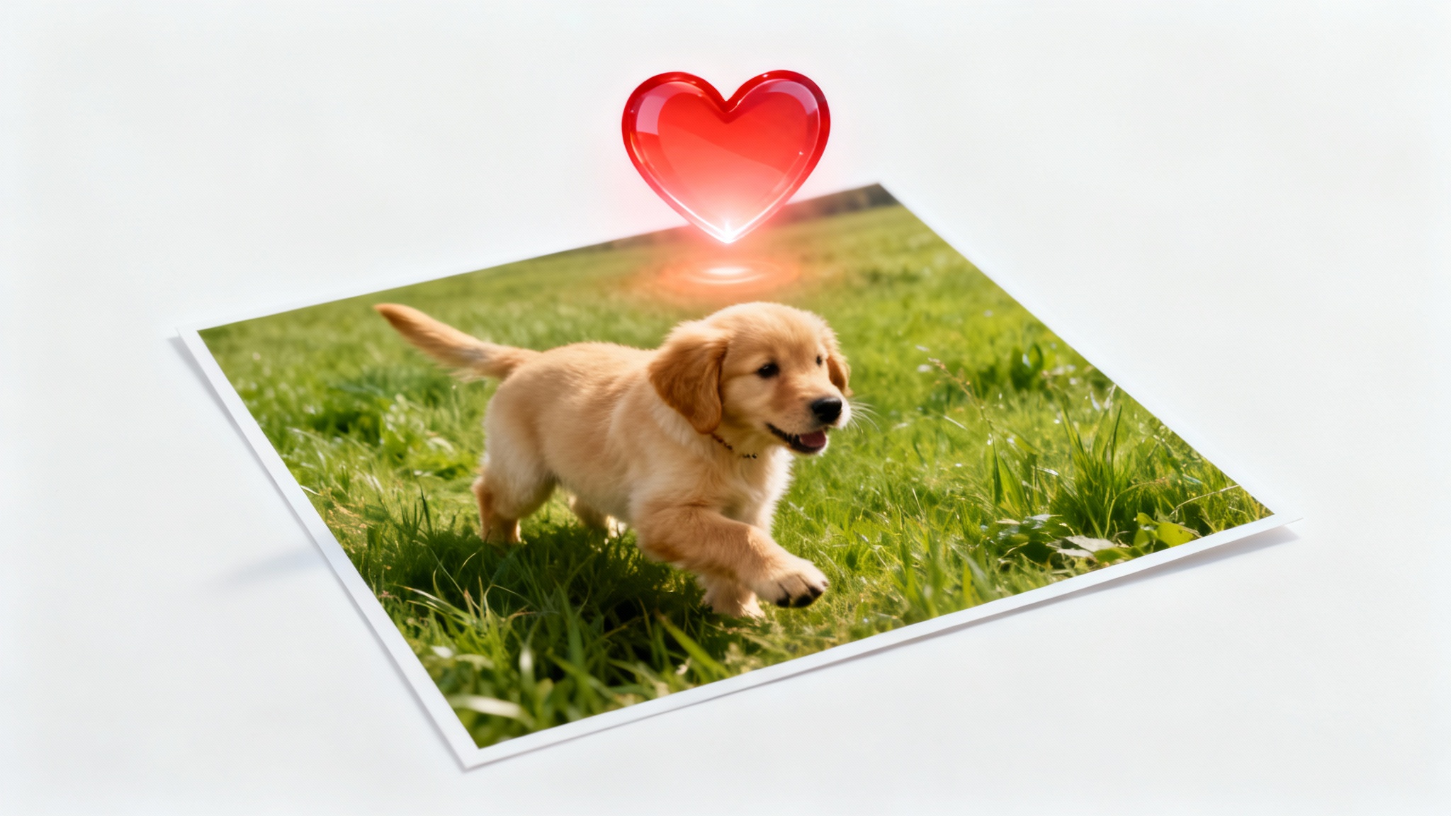 A realistic photo of a golden retriever puppy on a white background, with a magical, glowing red heart icon floating above it, symbolizing adding love to a photo.