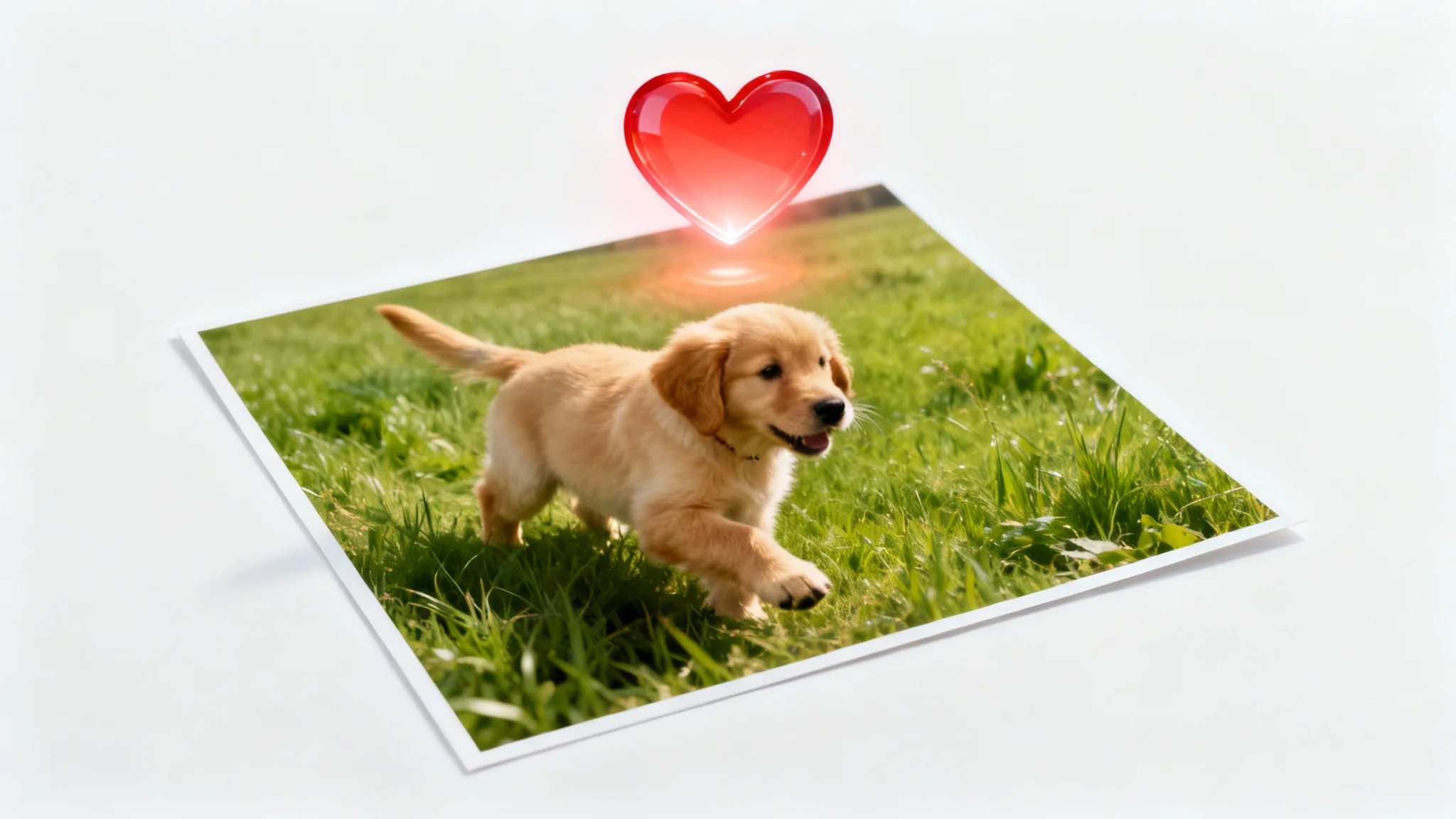A realistic photo of a golden retriever puppy on a white background, with a magical, glowing red heart icon floating above it, symbolizing adding love to a photo.