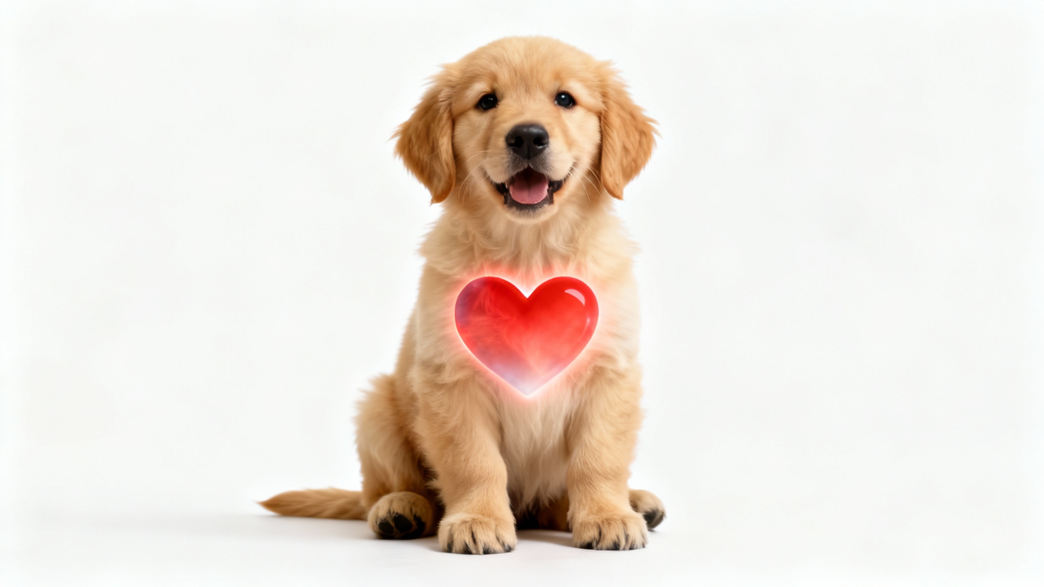 A heartwarming photo of a golden retriever puppy with a cute red heart graphic added over its chest, on a clean white background.